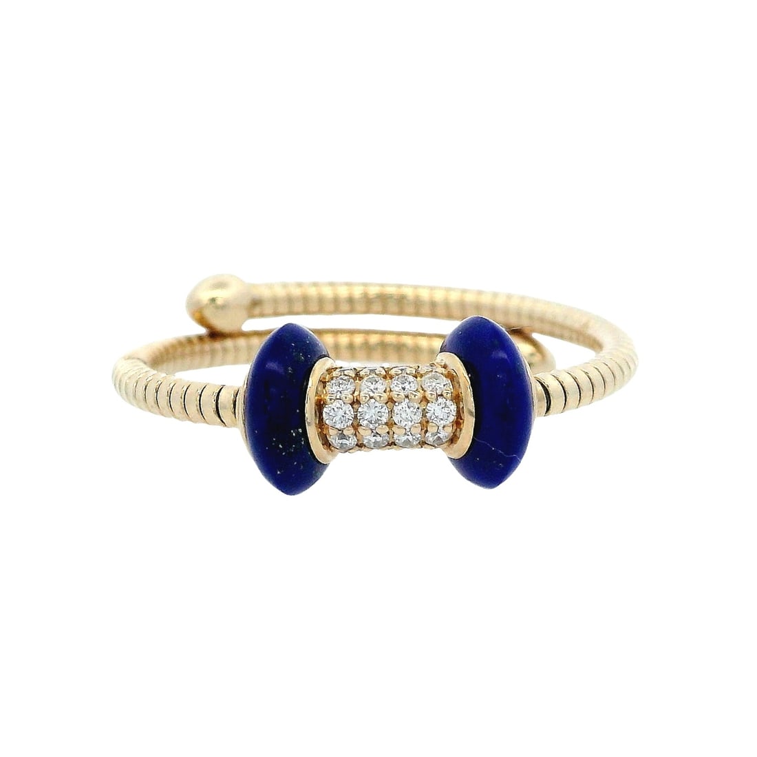 14K Yellow Gold Designer Ring with 0.10 CTW in Lapis Lazuli & Diamonds: 14K yellow gold designer ring featuring a flexible coil/shank design (as shown), set with two lapis lazuli terminals and a central pav? diamond barrel totaling approx. 0.10 ctw (G color) for subtle sp
