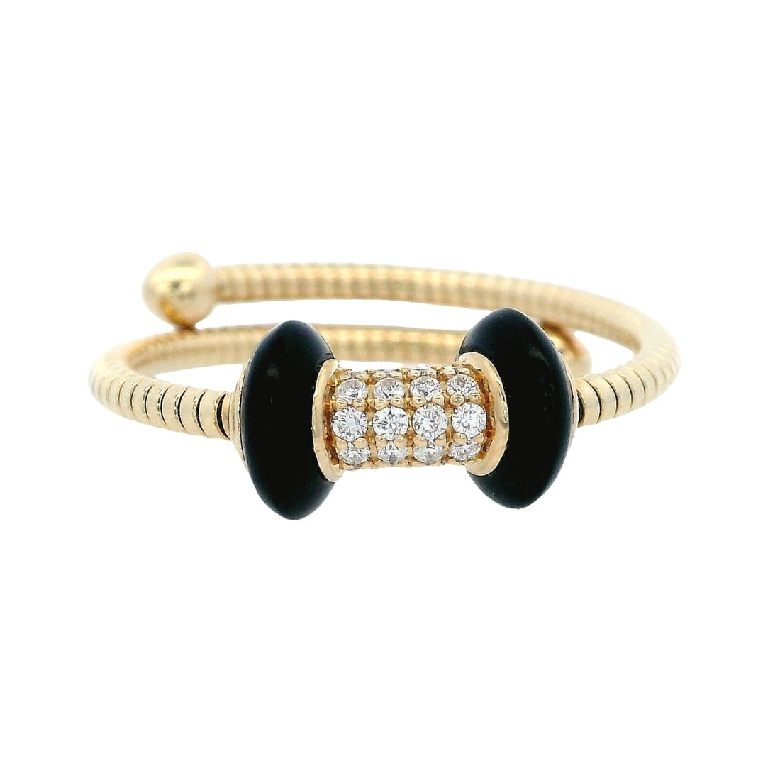 14K Yellow Gold Designer Ring with 0.10 CTW in Black Onyx & Diamonds: 14K yellow gold designer ring featuring a flexible coil/shank design (as shown), set with two black onyx terminals and a central pav? diamond barrel totaling approx. 0.10 ctw (G color) for subtle spar