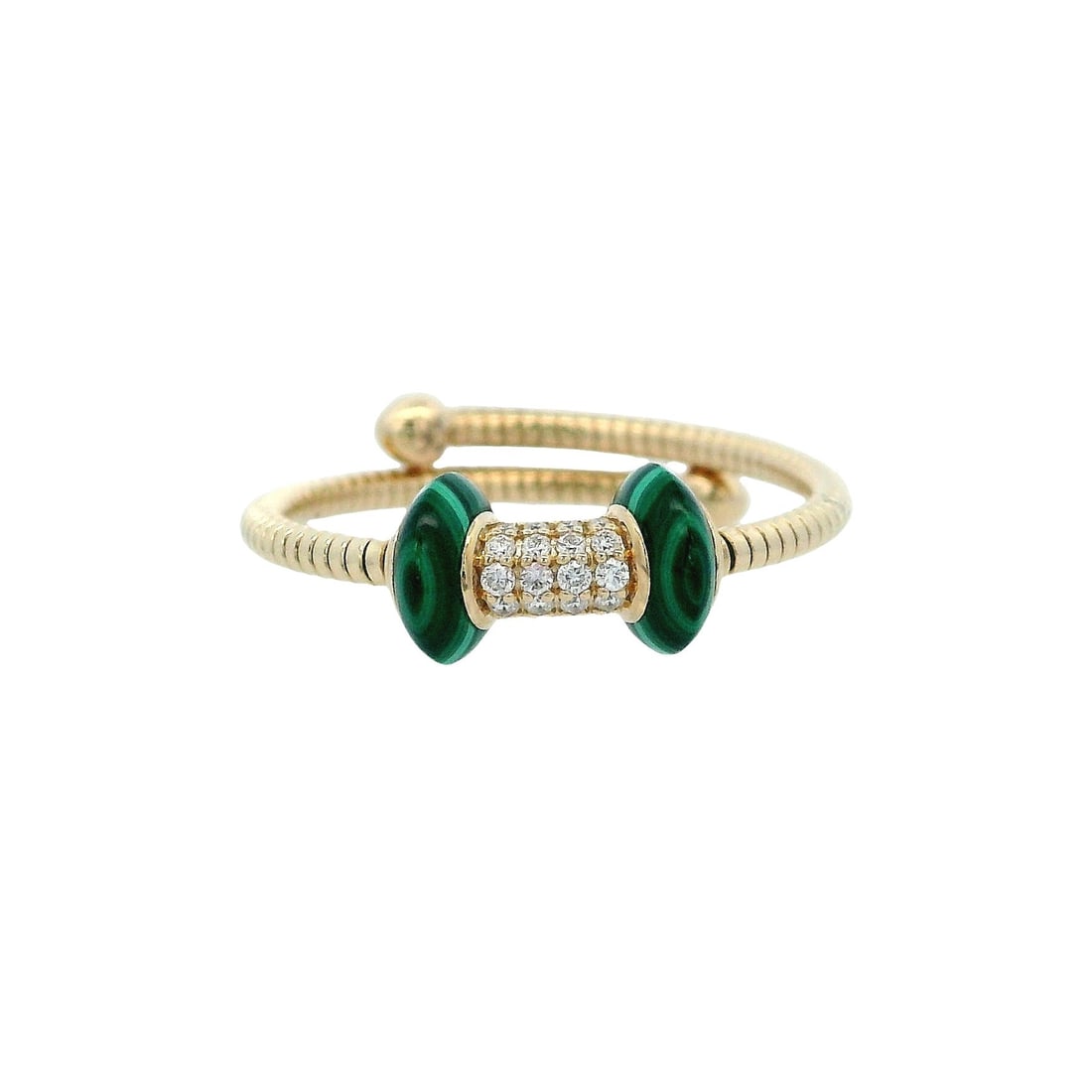14K Yellow Gold Designer Ring with 0.10 CTW in Malachite & Diamonds: 14K yellow gold designer ring featuring a flexible coil/shank design (as shown), set with two malachite terminals and a central pav? diamond barrel totaling approx. 0.10 ctw (G color) for subtle spark