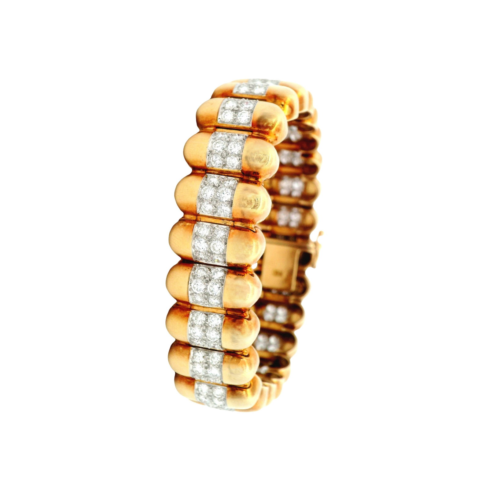 Mid-Century 18K Yellow & White Gold Bracelet with 6.25 CTW in Diamonds: Spectacular estate bracelet crafted in 18K yellow and white gold in a bold mid-century, domed-link design (as shown), featuring alternating high-polish yellow gold sections and white gold pav? station