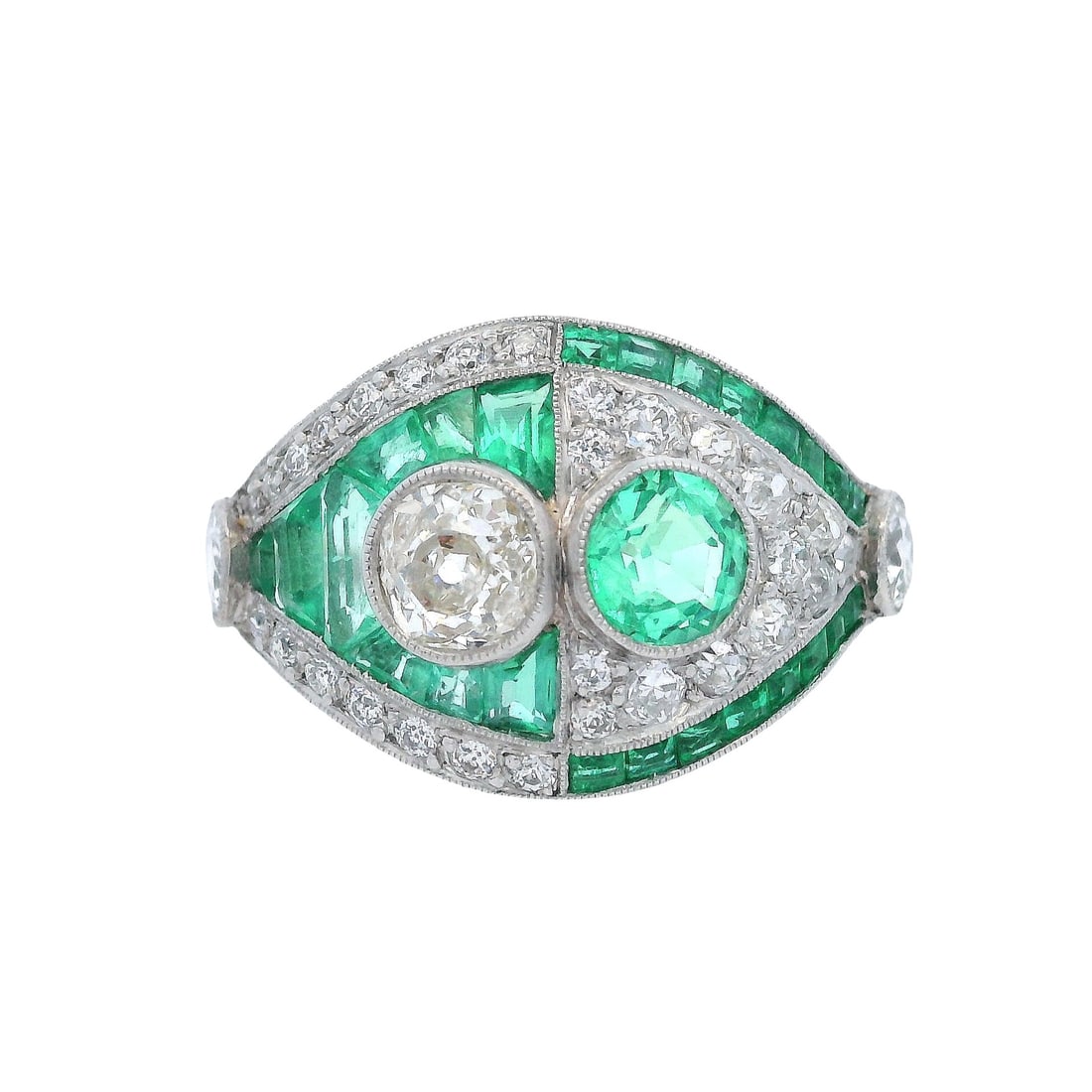 Art Deco Style Platinum Ring with 3.15 CTW in Diamond & Emerald: Art Deco style platinum ring centered with an old mine-cut diamond approx. 0.60 ctw (K?L color, SI2 clarity), accented with calibrated emeralds totaling approx. 1.70 ctw and pav? diamonds totaling app