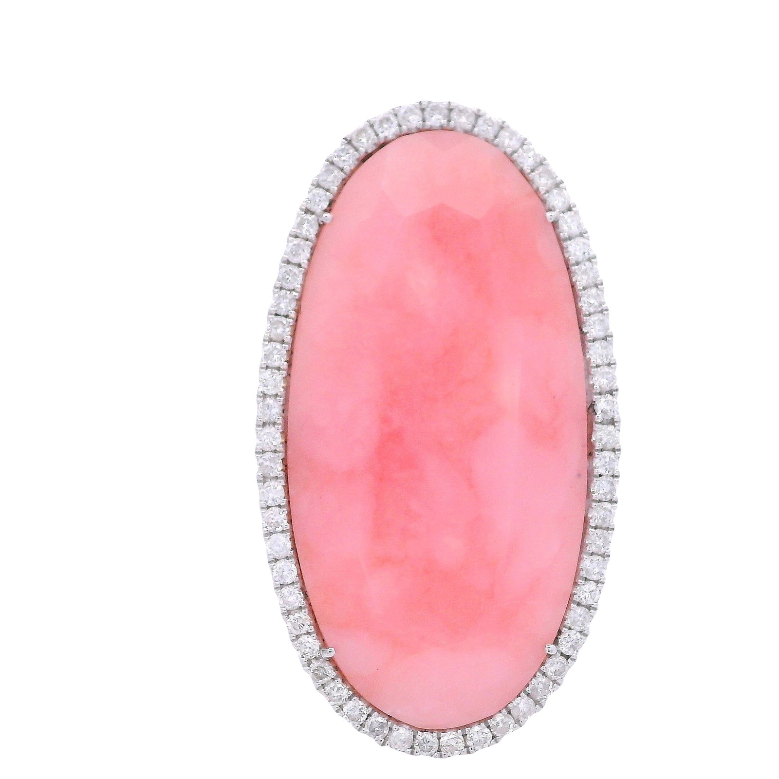 MEIRA T 14kt Gold Cocktail Ring with Pink Opal Diamonds: 14kt white Gold Cocktail Ring by Meira T Jewelry. Set with a center Oval cut Pink Opal. Surrounded by Round cut Diamonds weighing Approx. 0.90 carats. G-H color. Ring size: 7. Total weight: 9.12 grams