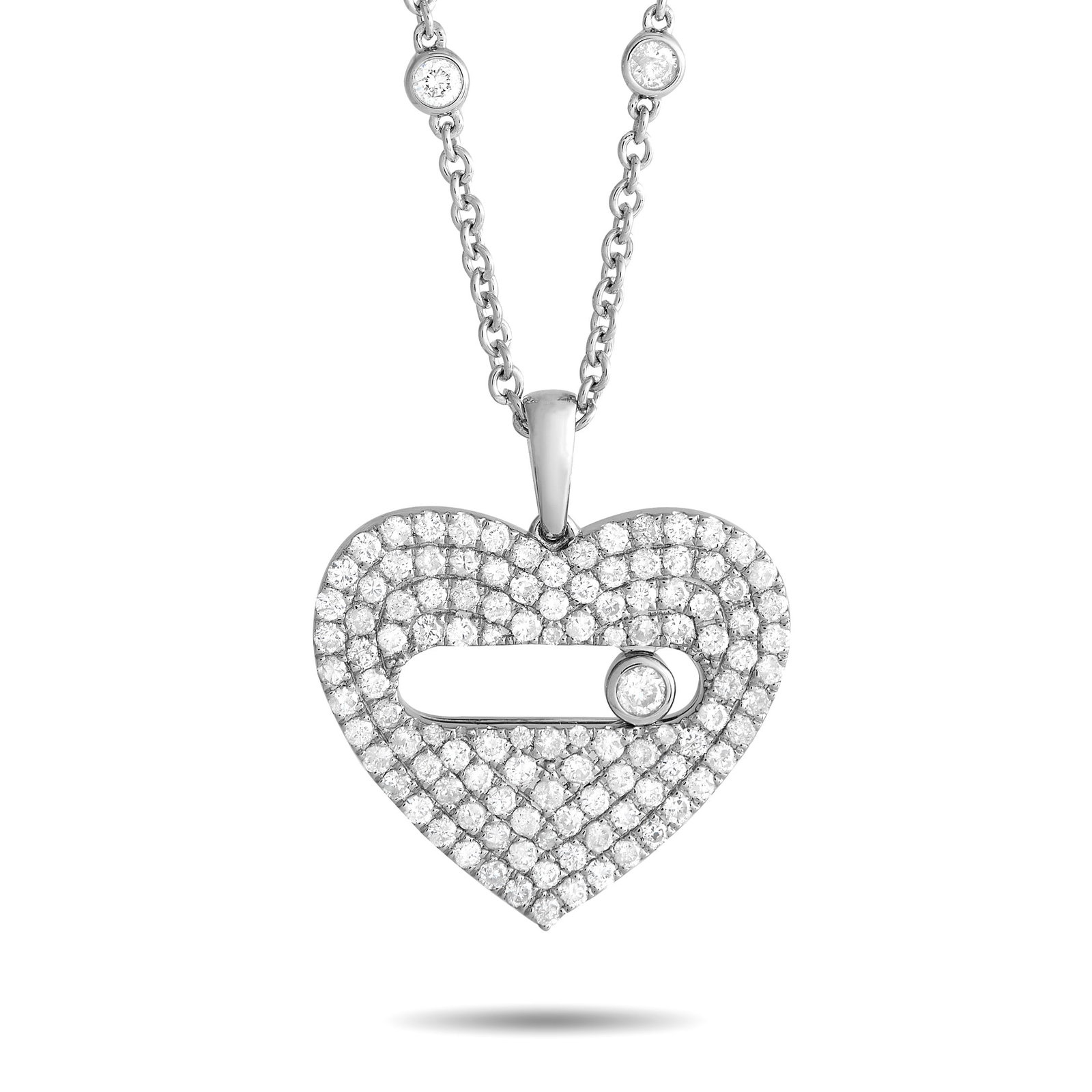 14K White Gold 2.10ct Diamond Pav Heart Necklace: This necklace could well be what's missing in your arsenal. It features a 15 long chain with a lobster clasp and a 1 by 0.80 heart-shaped pendant. The pendant glitters with pav-set round diamonds and 