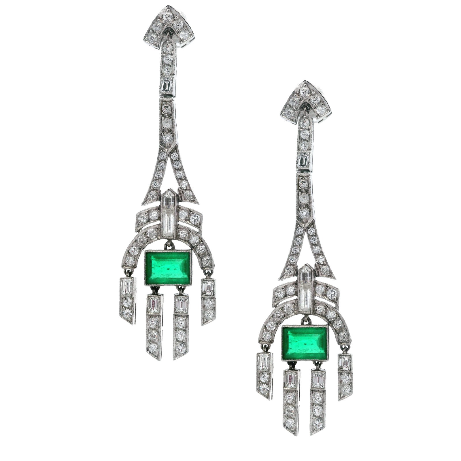 Art Deco Style Platinum Drop Earrings with 4.60 CTW in Emeralds & Diamonds: Pair of dangling platinum Art Deco style earrings set with two intense green emeralds totaling approx. 1.80 ctw, accented with round- and baguette-cut diamonds totaling approx. 2.80 ctw (H color, VS2 