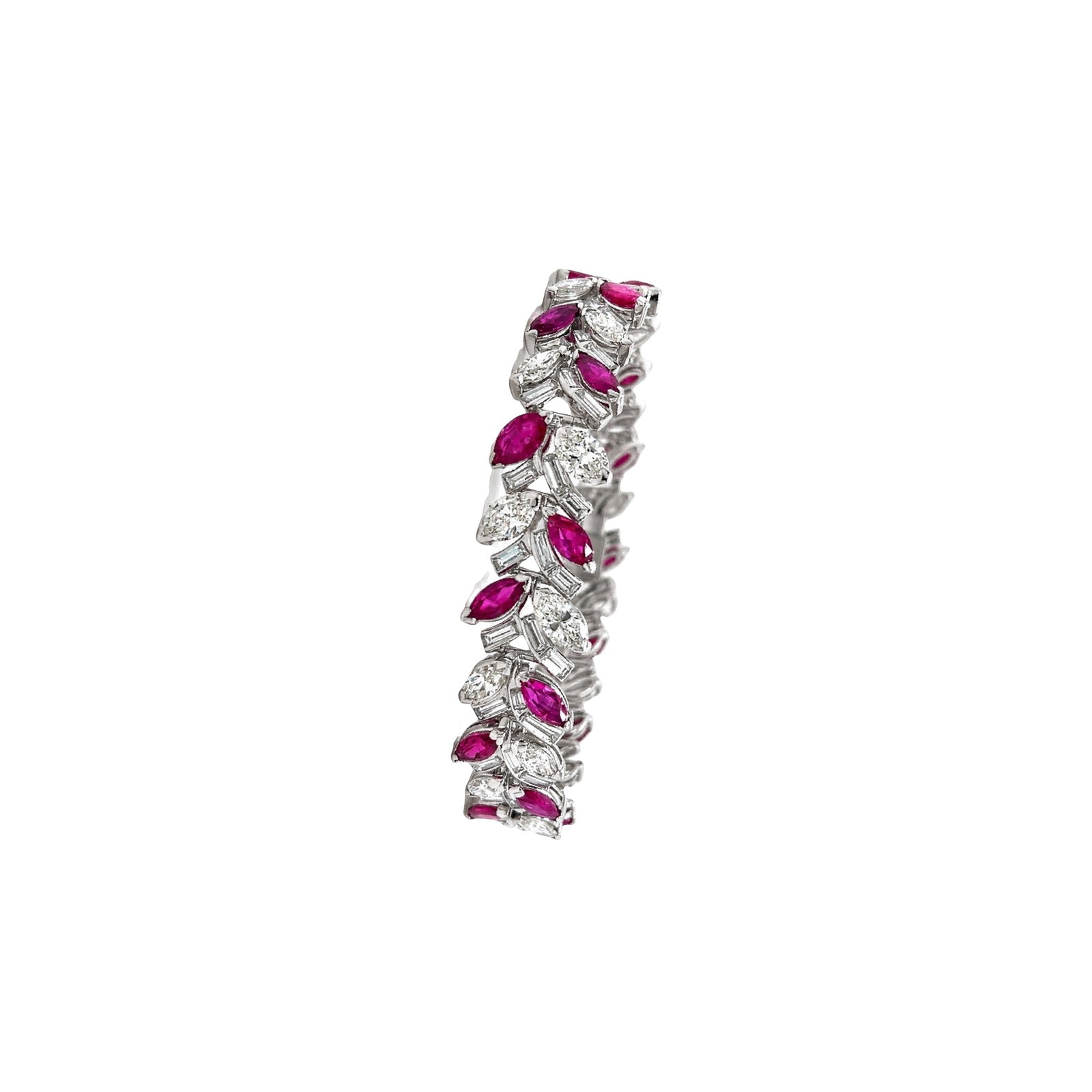 1960s Platinum Bracelet with 14.75 CTW in No-Heat Burma Rubies & Diamonds: 1960s platinum bracelet set with 24 no-heat Burma rubies totaling approx. 4.00 ctw. Accented with 72 baguette diamonds totaling approx. 5.50 ctw and 24 marquise diamonds totaling approx. 5.25 ctw (G?I