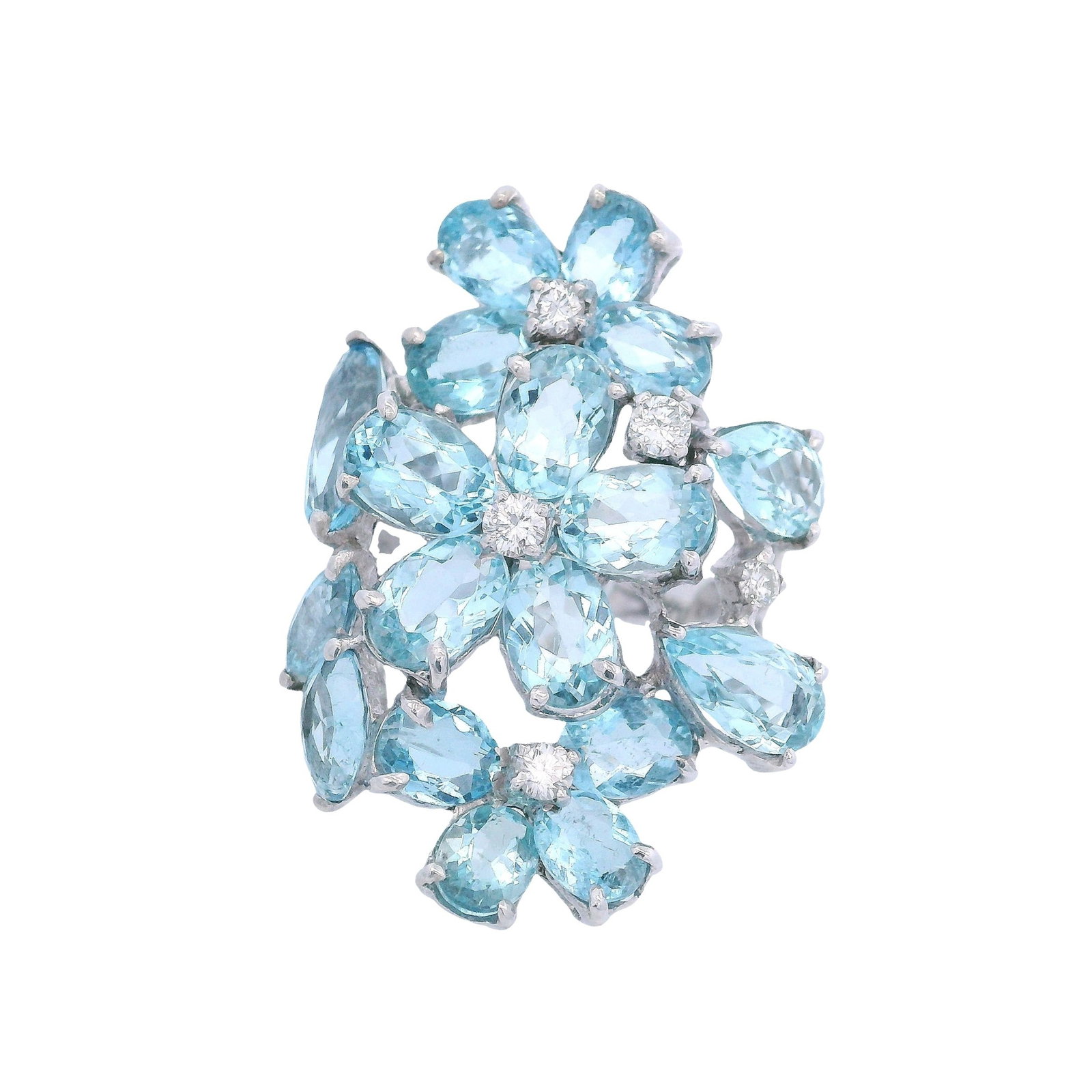 18K White Gold Cocktail Ring with 15.0 CTW in Aquamarine & Diamond: Striking 18K white gold cocktail ring showcasing a bold aquamarine arrangement with a combined approximate weight of 14.30 carats, beautifully complemented by sparkling diamond accents totaling approx