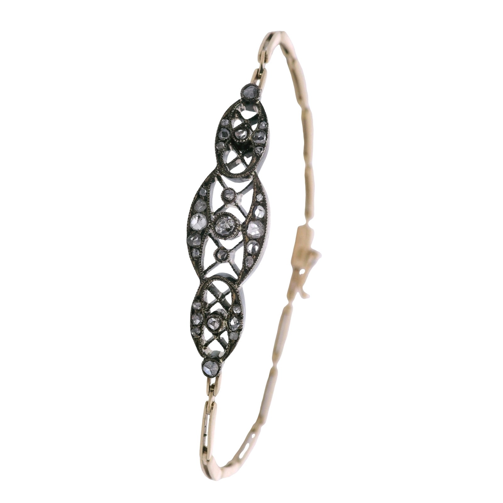 18K Yellow Gold Bracelet with Diamonds: Antique 18K yellow gold filigree bracelet, weighing 6.8 grams, delicately crafted with intricate openwork and accenter by rose-cut diamonds totaling approx. 0.15 ct for soft, antique-style sparkle and