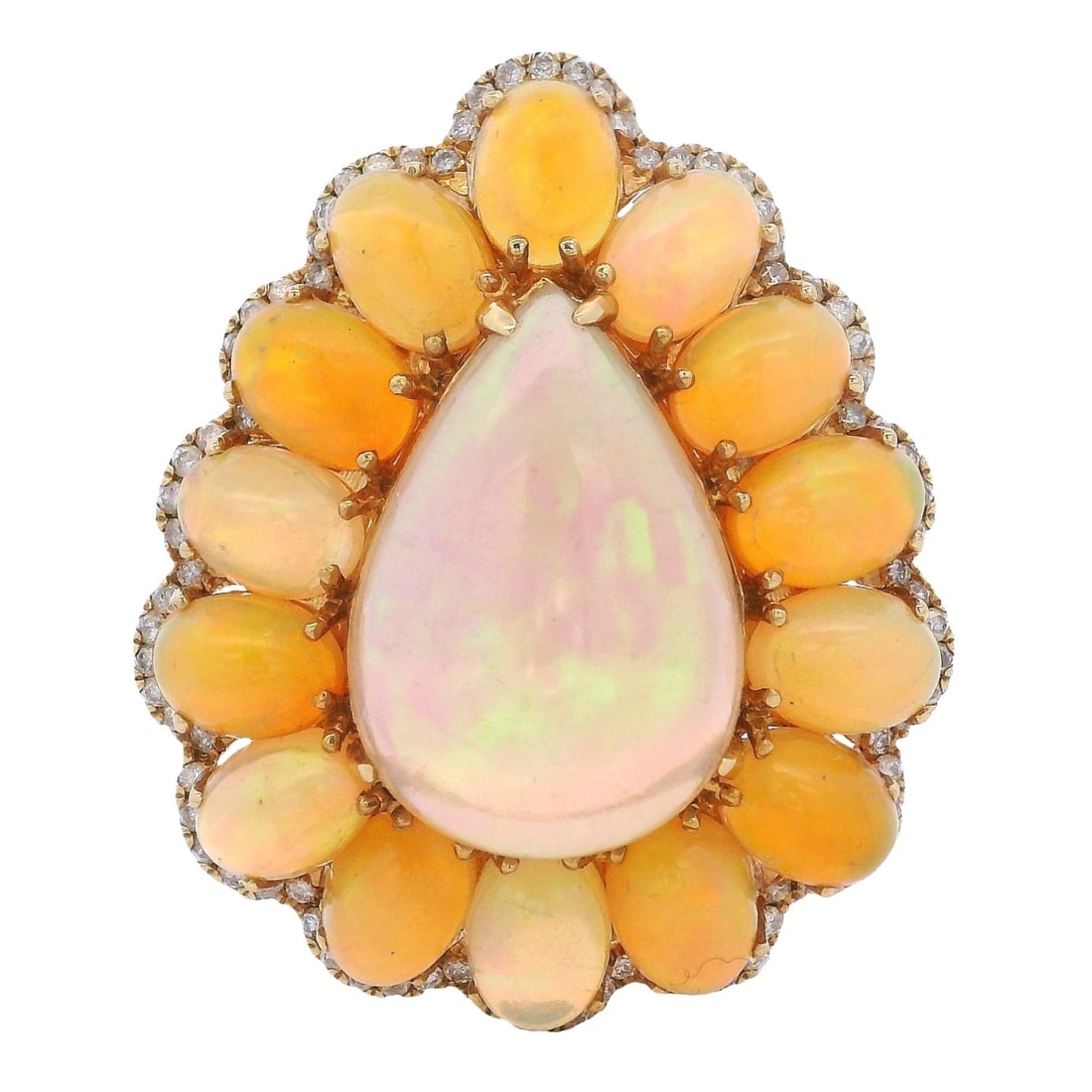 18K Yellow Gold Cocktail Ring with 30.00 CTW in Opal & Diamond: Cocktail ring crafted in 18K yellow gold featuring a luminous cabochon opal center weighing approximately 15.00 carats, encircled by 14 oval cabochon opals totaling approximately 14.00 carats and fini
