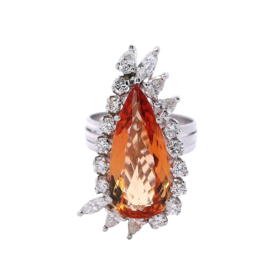 18K White Gold Cocktail Ring with 8.00 CTW in IMPERIAL Topaz & Diamond: 18K white gold cocktail ring showcasing a vivid pear-shaped Imperial orange topaz weighing approximately 6.50 carats, framed by a brilliant diamond surround of 12 round and 7 marquise diamonds totalin