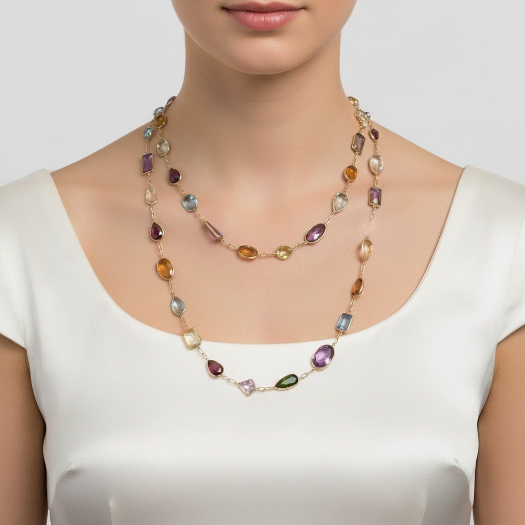 18K Yellow Gold Necklace with 175 Carats of Multicolor Semi-Precious Gemstones: Striking 18K yellow gold necklace showcasing an impressive approx. 175 carats of vibrant multicolor semi-precious gemstones, including amethyst, citrine, aquamarine, Garnets, Peridots and topaz. A gen
