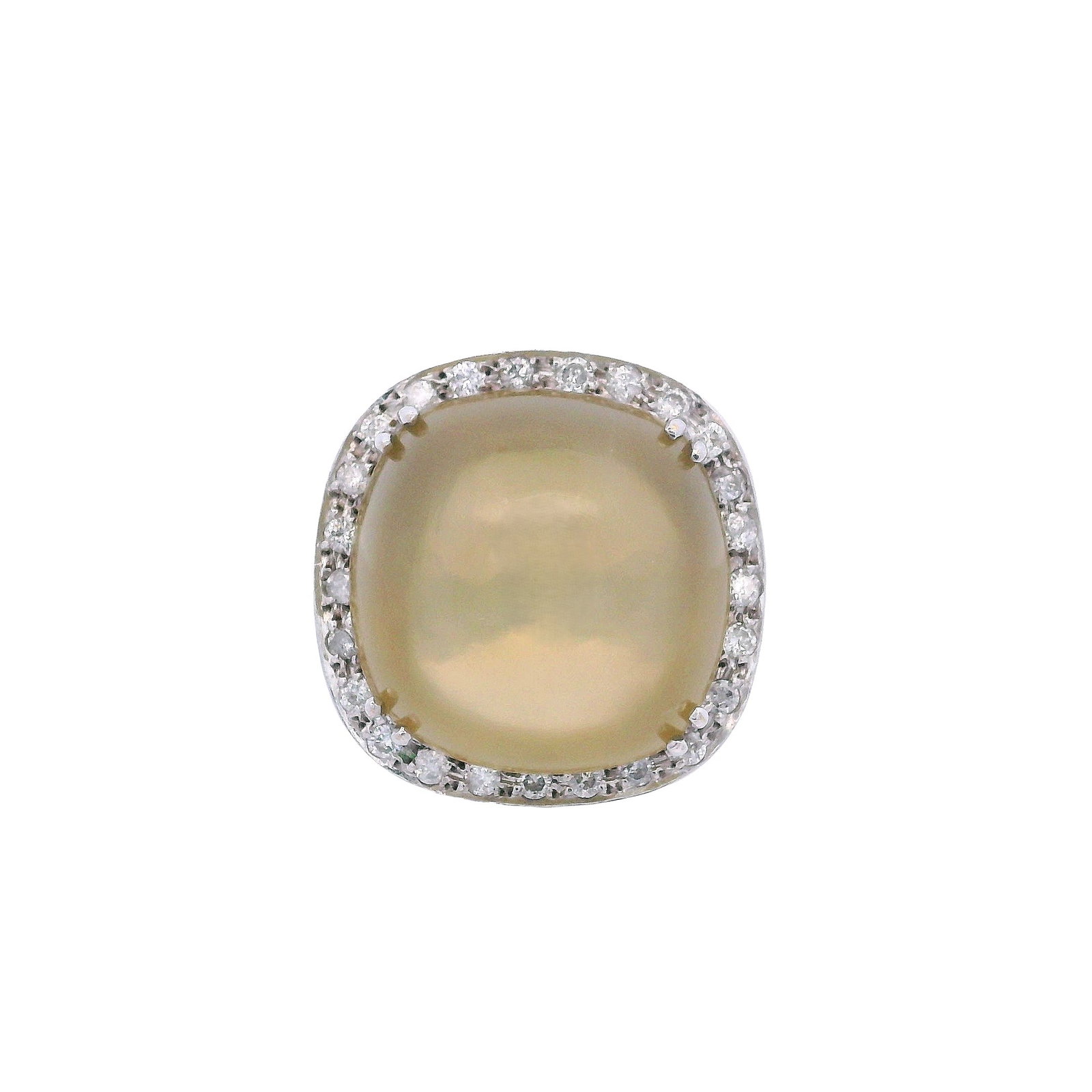18kt white Gold Cocktail Ring with Quartz & Diamonds: 18kt white Gold Cocktail ring set with a center Cabochon Quartz of Approx. 19 carats. Surrounded by Round cut Diamonds weighing together Approx. 045 carts. H-J color. Ring size: 7 1/2. Total weight: 9