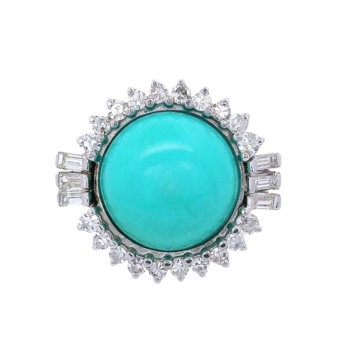 18kt white Gold Cocktail Ring with Turquoise & Diamonds: Cocktail Ring crafted from 18kt white Gold, featuring a center cabochon Turquoise of Approx. 10.80 carats. Surrounded by Baguette cut and Single cut Diamonds weighing together Approx. 1.45 carats. H-L