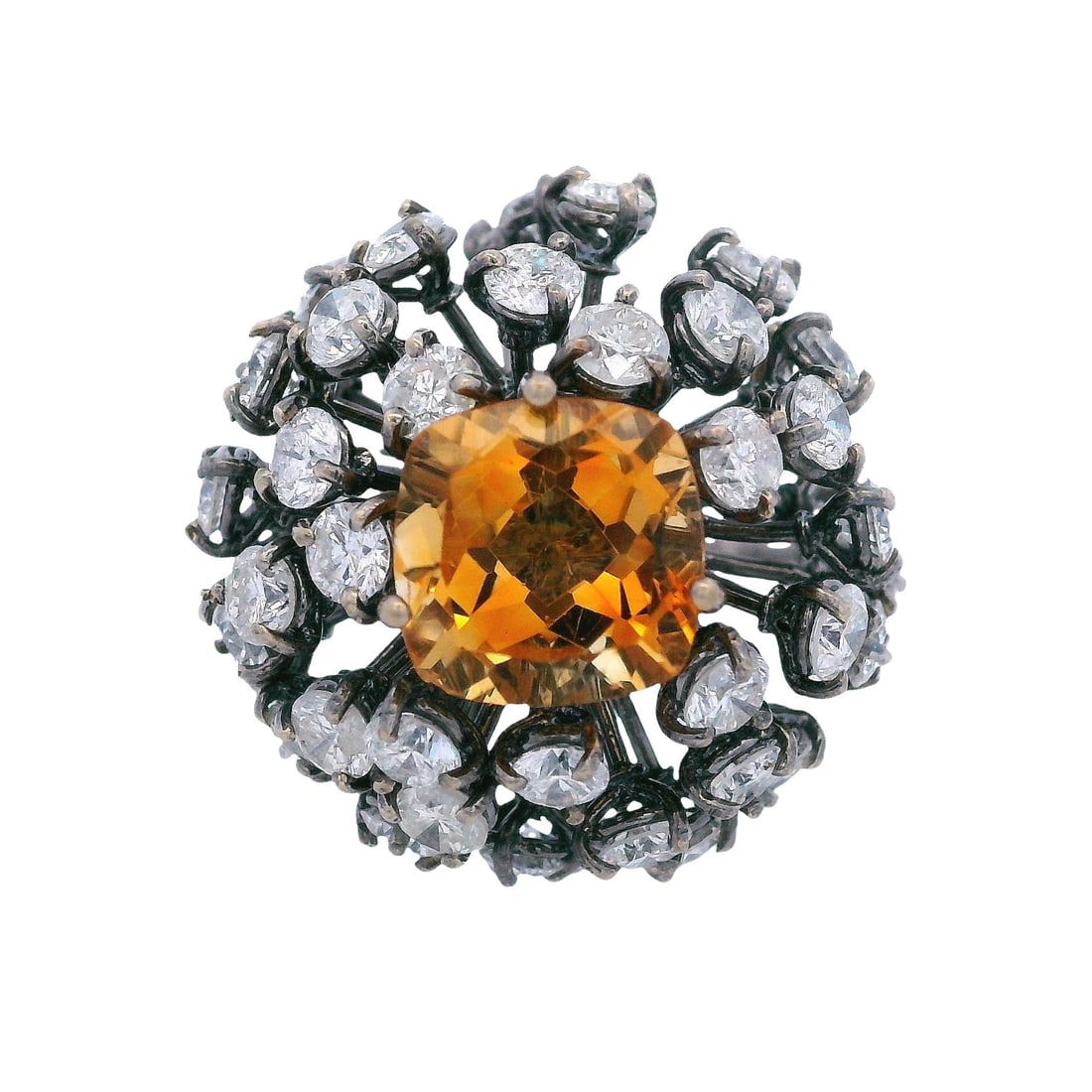 Vintage 18kt white Gold Tremblant Cocktail Ring with yellow Sapphire & Diamonds: Vintage Tremblant Dome Cocktail Ring crafted from 18kt white Gold. Featuring a center cushion cut yellow Sapphire of Approx. 2.00 carats. Along with Round cut Diamonds weighing Approx. 3.80 carats. H 