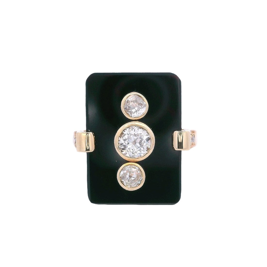 Art Deco 18kt yellow Gold Ring with Onyx & Diamonds: Art Deco ring, crafted in 18K yellow gold, featuring a rectangular, high-polish onyx plaque. Set with three bezel set old mine-cut diamonds totaling approx. 0.70 ctw (VS2 clarity, H?K color), with add