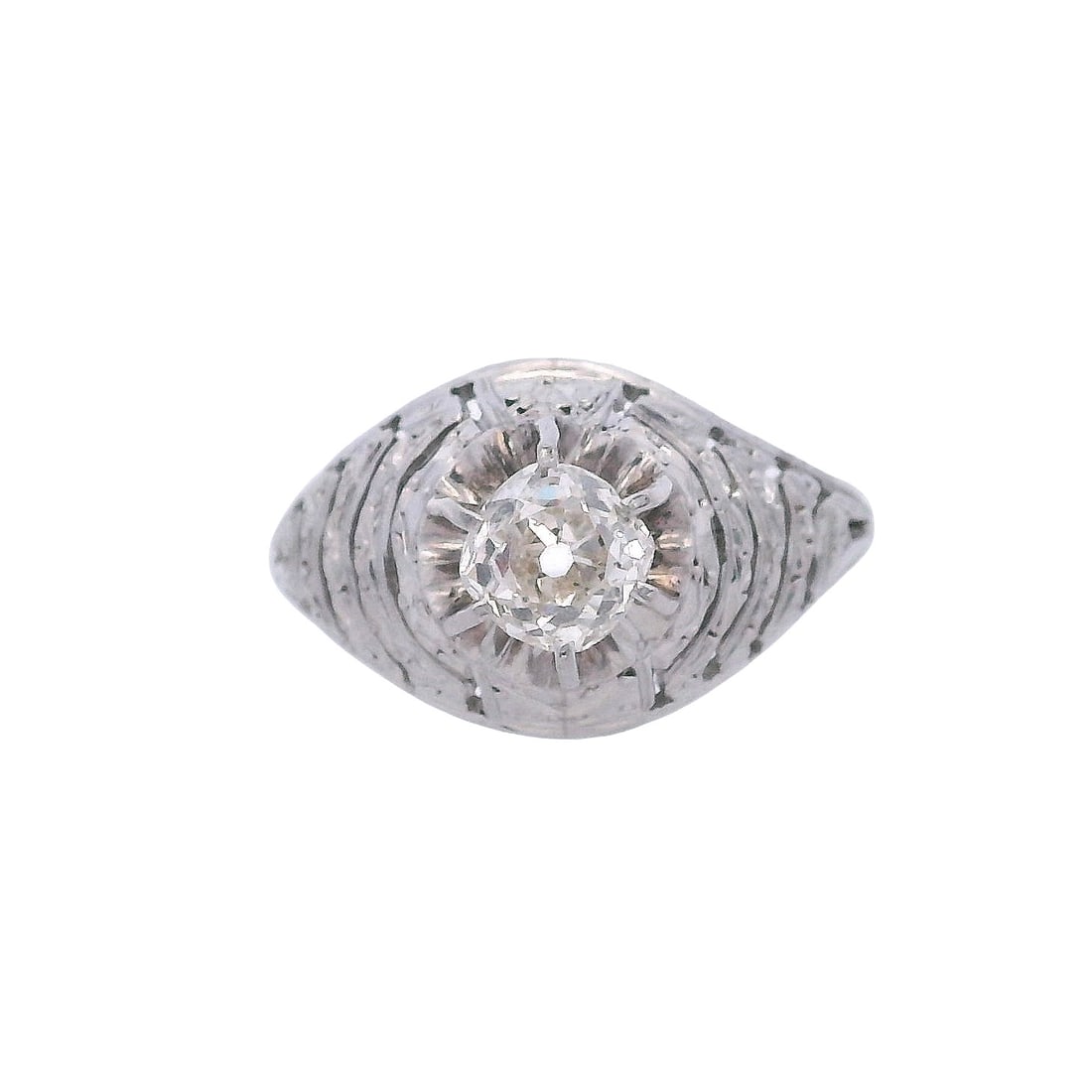 Art Deco Filigree Platinum Engagement Ring with Diamonds: Circa 1920s. Art Deco Filigree Engagement Ring crafted in Platinum featuring a center Old mine Diamond weighing 0.72 carats. L color, VS2 clarity. Ring size: 6. Total weight: 3.9 grams. Ring width: 0.