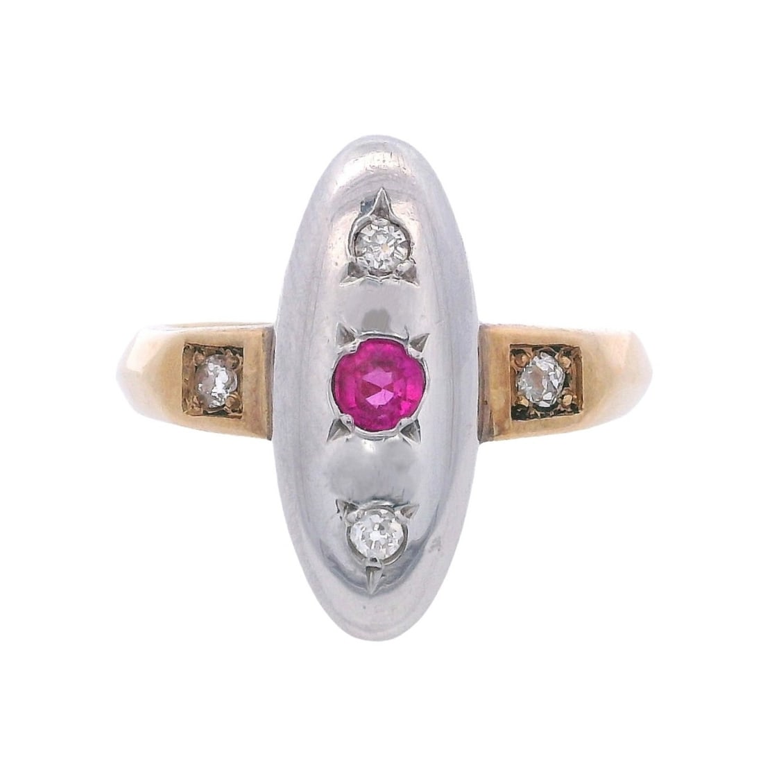 Art Deco 18kt Gold & Platinum Ring with Diamond & Synthetic Ruby: Art Deco navette Ring crafted form 18kt yellow Gold and Platinum, featuring a center Synthetic Ruby, along with four Diamonds weighing together Approx. 0.10 carats. Graded colorless. Ring size: 7. Tot