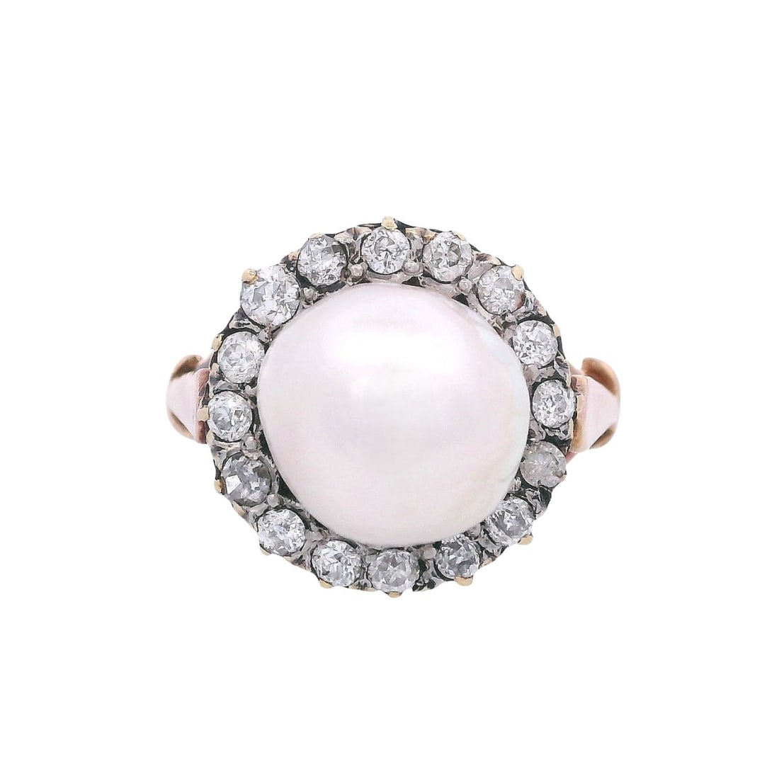 Antique 18kt Gold Halo Ring with Diamonds & Pearl: Circa 1910s. Antique Halo Ring crafted form 18kt ellow Gold, featuring a center Baroque Pearl about 9.35 mm diameter. Surrounded by 16 Old mine cut Diamonds weighing Approx. 0.55 carats. H-I color. Ri