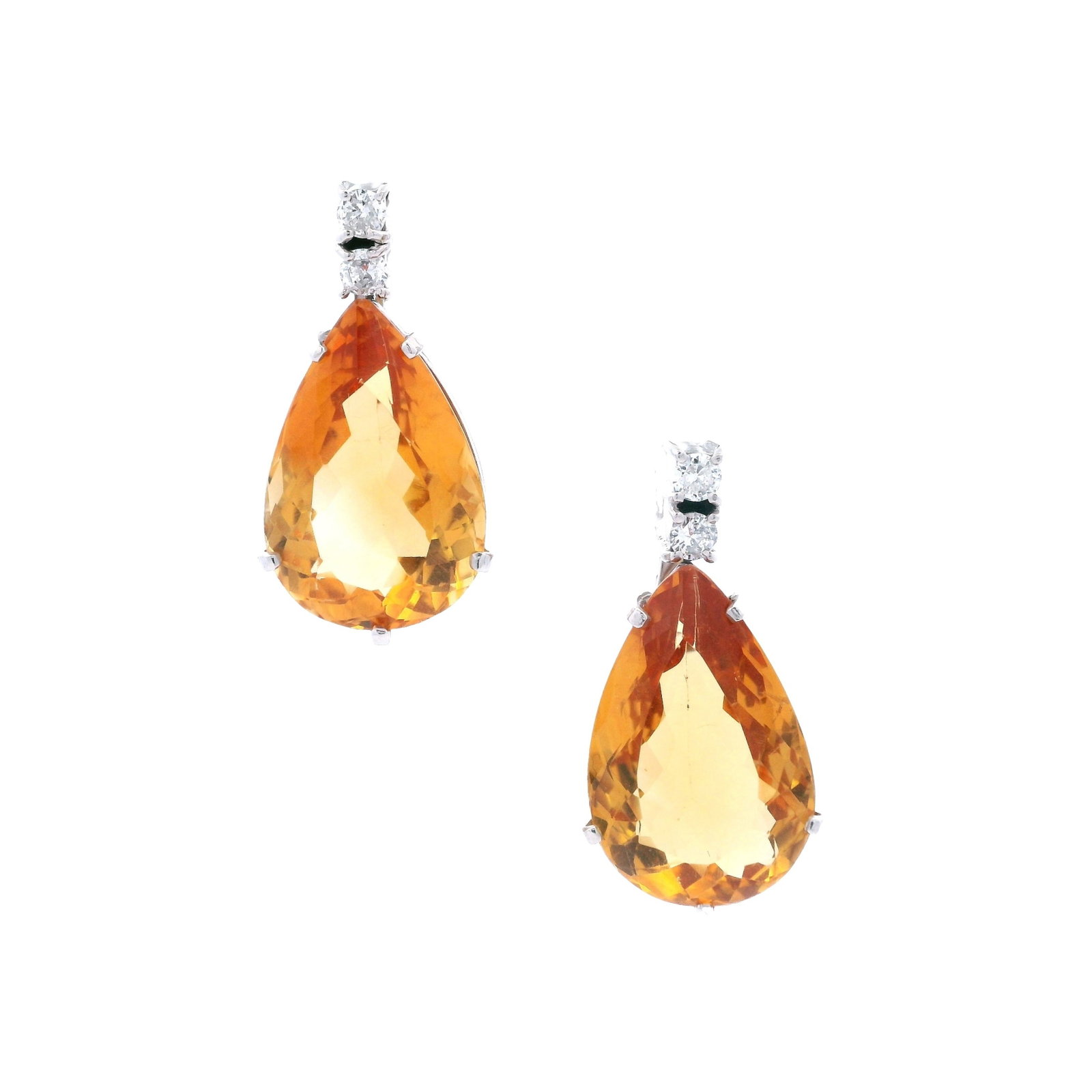 18kt white Gold Earrings with Citrine & Diamonds: Pair of 18kt white Gold Drop Earrings featuring two pear shaped yellow Citrine weighing together Approx. 20.50 carats. Along with four European cut Diamonds of Approx. 0.40 carats. G-H color, VS-SI1 c
