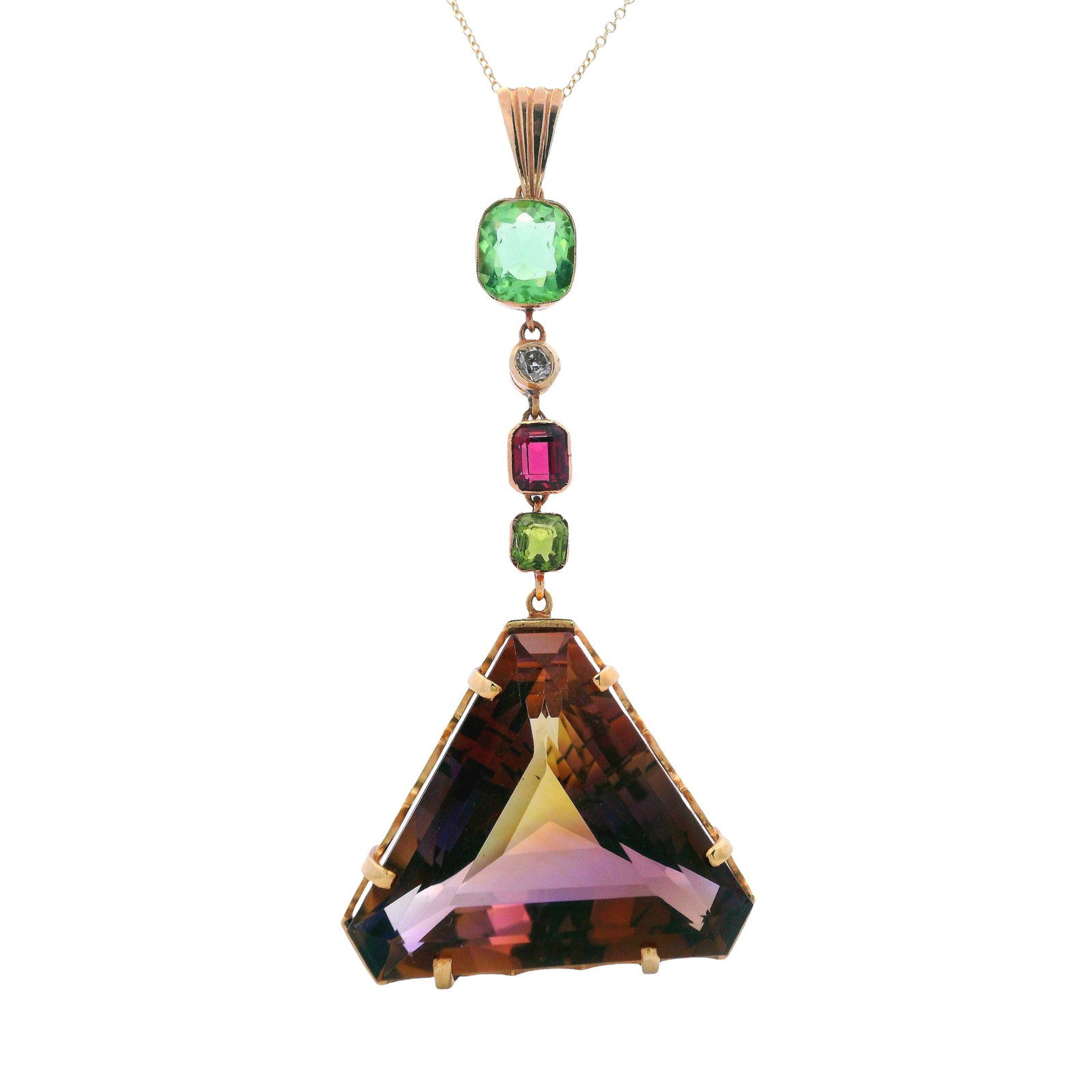 18kt Gold Pendant with Ametrine, Diamond and Multi gemstones: 18kt yellow Gold Pendant featuring a trillion cut Ametrine Approx. 18.0 carats. Accenter with one Round Diamond Approx. 0.10 carats and Multi gemstones. Total weight: 14.6 grams. Measurements: 2.80 x 