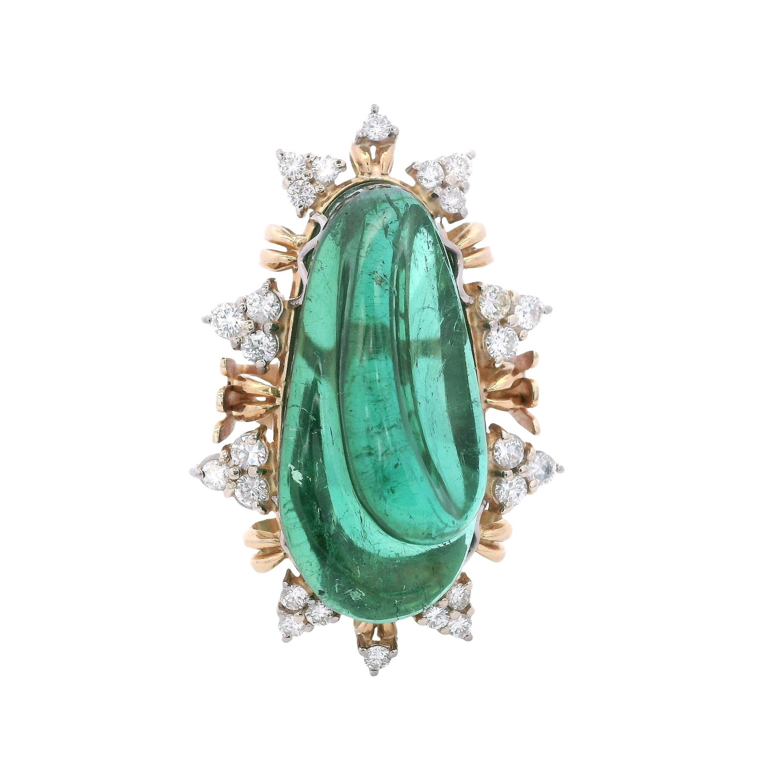 18kt yellow Gold Ring with Green Tourmaline & Diamonds: 18kt yellow Gold Cocktail Ring featuring a center Green Tourmaline of Approx. 40.0 carats. Surrounded by 26 Round cut Diamonds weighing together Approx. 1.20 carats. H-J color, VS-Si1 clarity. Ring si