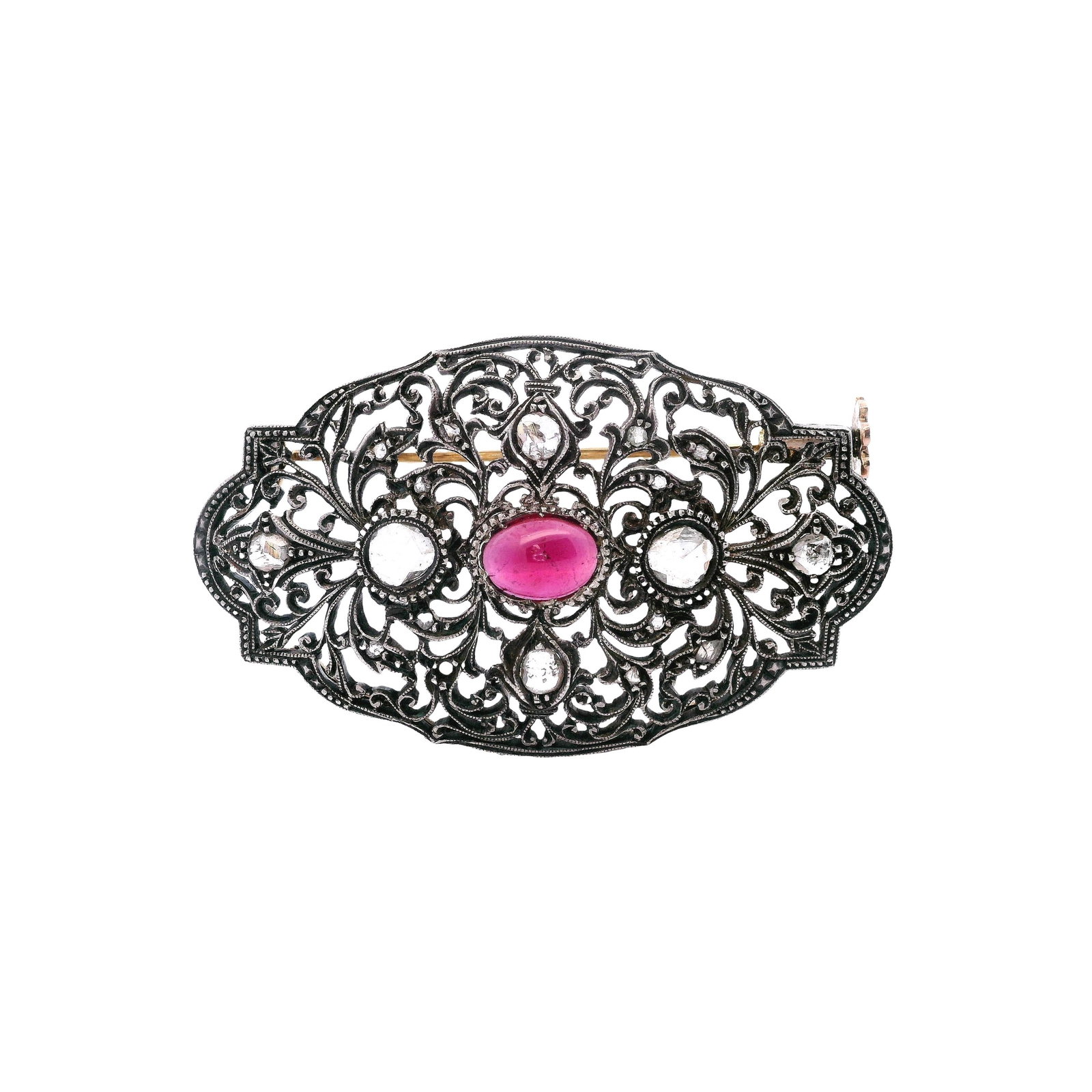 Edwardian 14kt Gold and Silver Brooch with Diamonds and Garnet: Edwardian Brooch crafted in 14kt yellow Gold and Silver on top, set with a center oval cabochon Garnet Approx. 2.00 carats. Accenter with Rose cut Diamonds. Measurements: 1.90 x 1.20 inches. Total wei