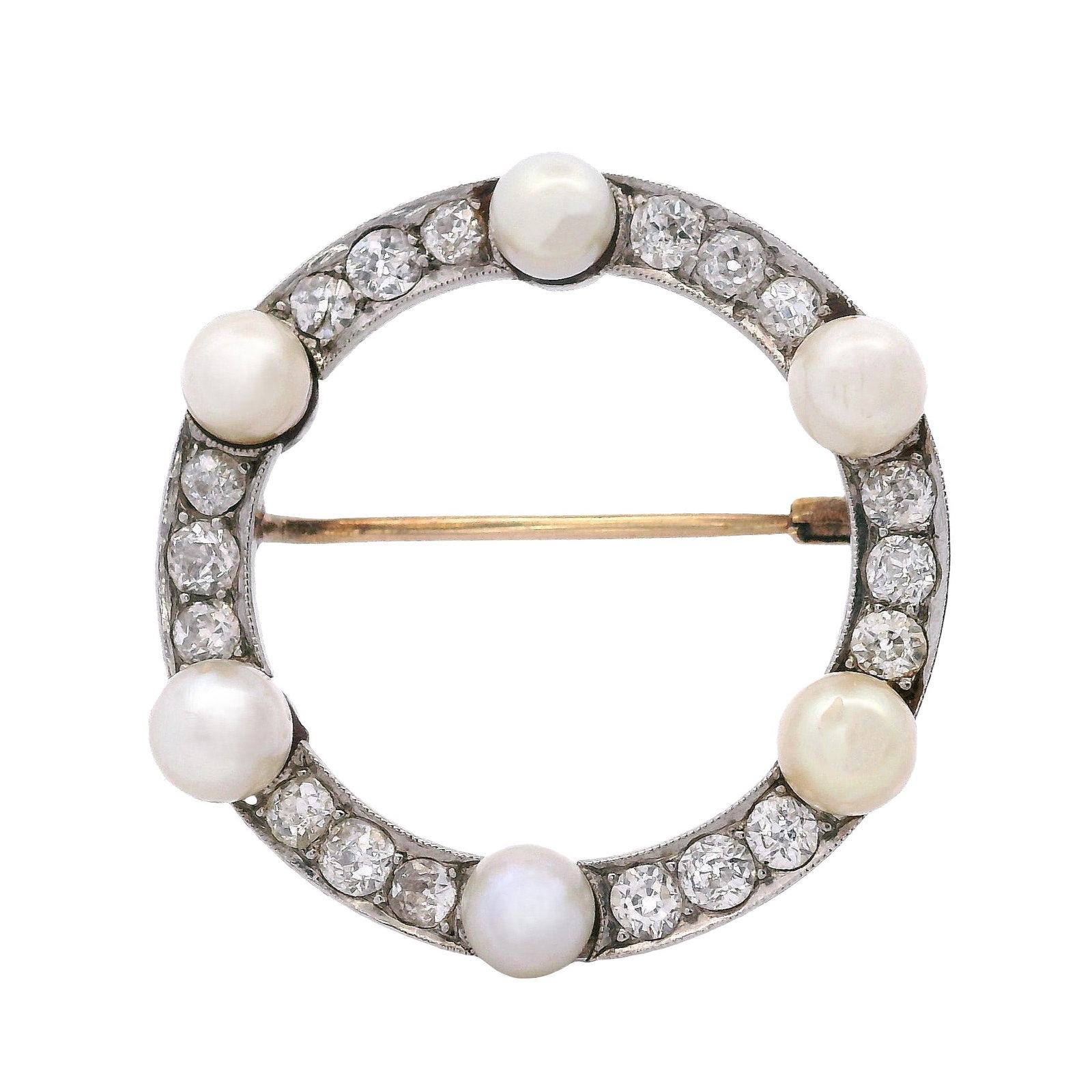Art Nouveau 18kt Gold & Platinum Brooch with Natural Pearls & Diamonds: Art Nouveau Pin Brooch crafted form 18kt yellow Gold and Platinum accenter with six Round natural pearls of 4.50 mm diameter. Accenter with 18 Old mine Diamonds weighing Approx. 1.10 carats. H-J color
