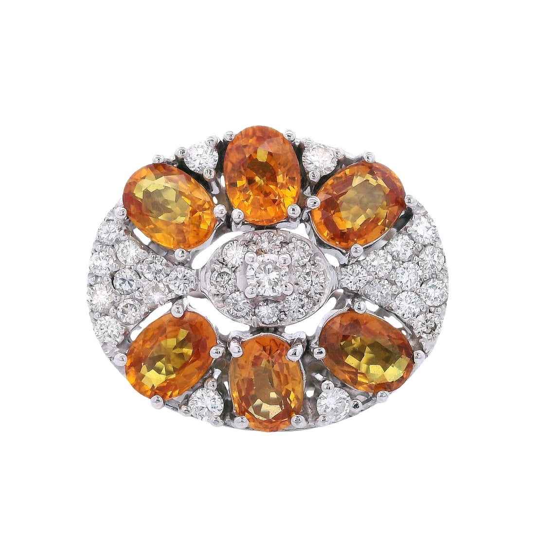 Vintage 18kt white Gold Ring with yellow Sapphires & Diamonds: Vintage Ring crafted from 18kt white Gold, featuring six Oval cut yellow Sapphires weighing Approx. 6.00 carats. Accetend with Round cut Diamonds weighing Approx. 1.00 carats. G-H color. Ring size: 7 
