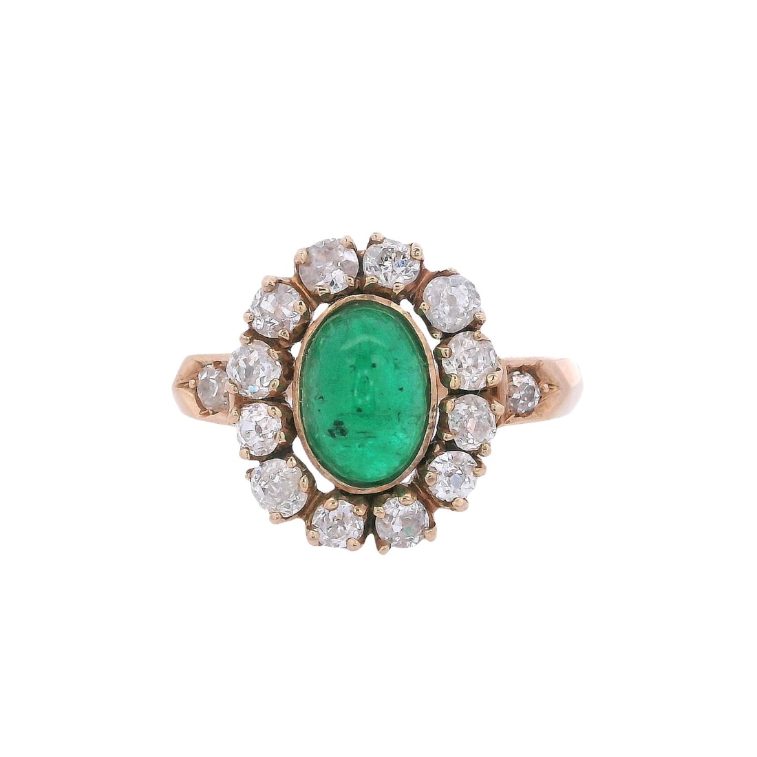 Antique 18kt yellow Gold Rosetta Ring with Diamonds & Emerald: Antique Rosetta Ring crafted form 18kt yellow Gold. Featuring a center cabochon Emerald of Approx. 1.20 carats. Surrounded by 14 Pld mine cut Diamonds weighing together Approx. 1.05 carats. H-J color,