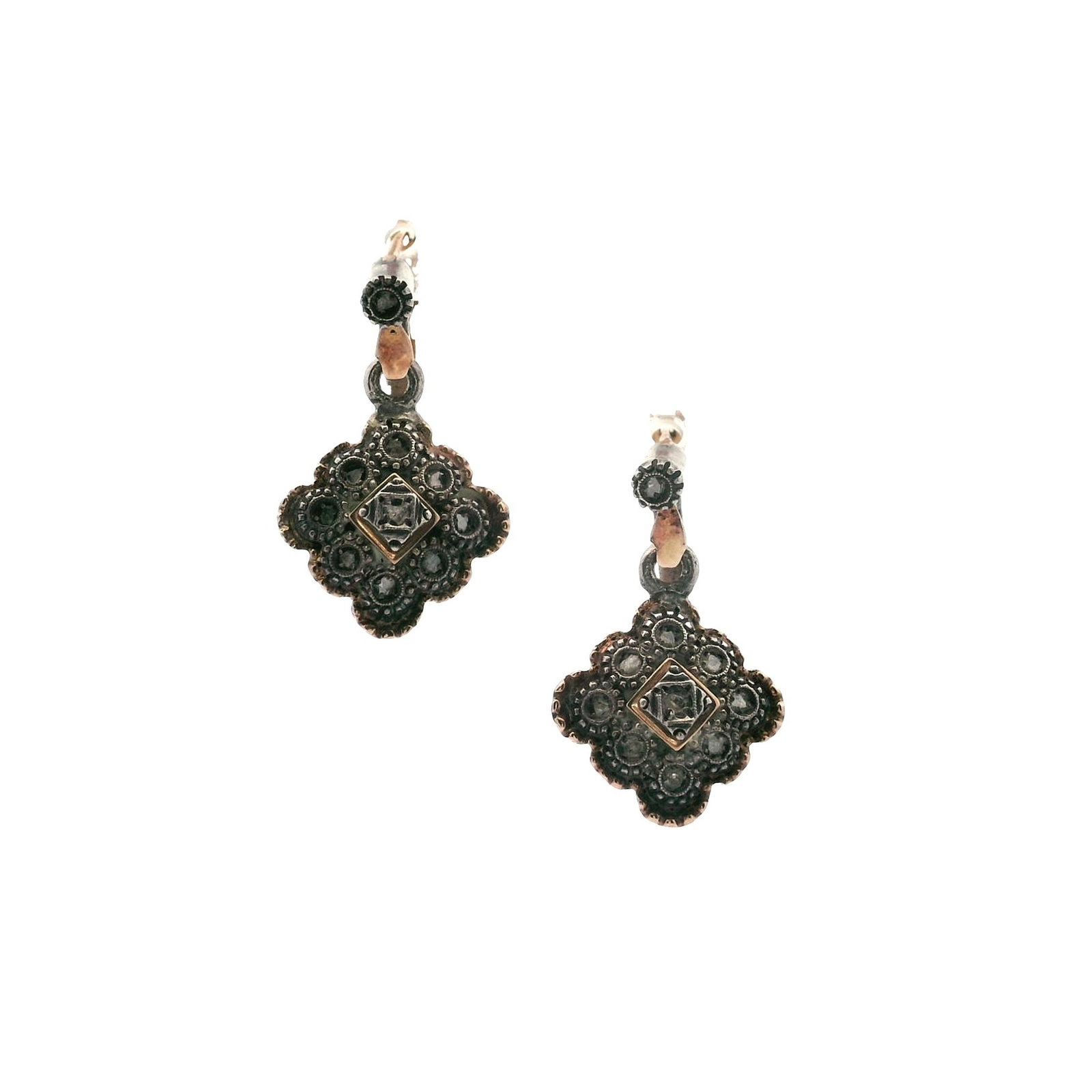 Victorian 14kt Gold & Silver Drop Earrings with Diamonds: Pair of Victorian Drop Earrings crafted form 14kt rose Gold and Silver on top. Accenter with Rose cut Diamonds. Total weight: 6.2 grams. Measurements: 0.90 x 0.57 inches.
