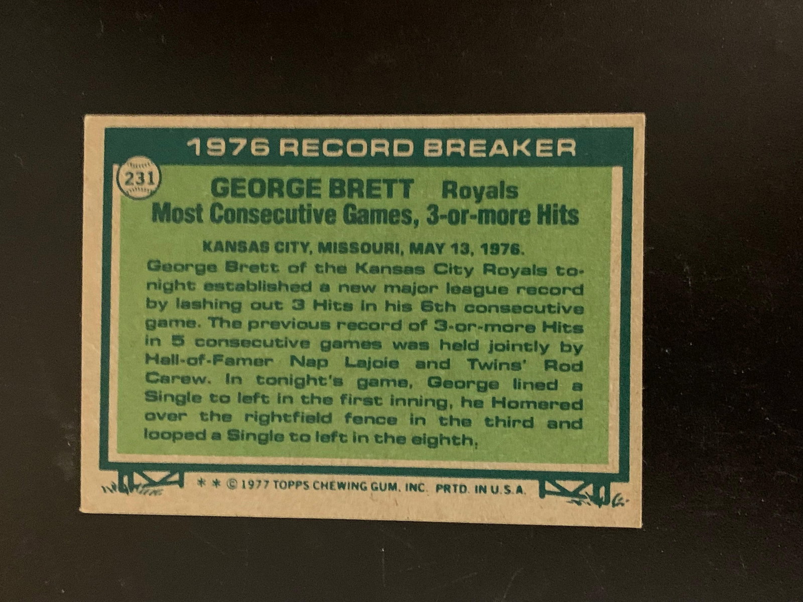 1977 Topps George Brett Royals Record Breaker #231  Baseball Card Excellent Condition (1 of 3)
