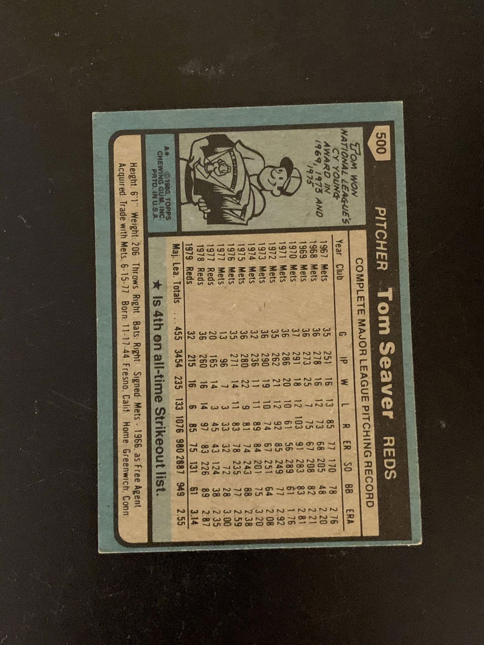 1980 Topps Tom Seaver Cincinnati Reds Baseball Card #500 Excellent Condition: You are bidding on a 1980 Topps Tom Seaver Cincinnati Reds Baseball Card #500 in Excellent Condition. This is some corner wear. Please check out the photos of the cards front and back and let us know