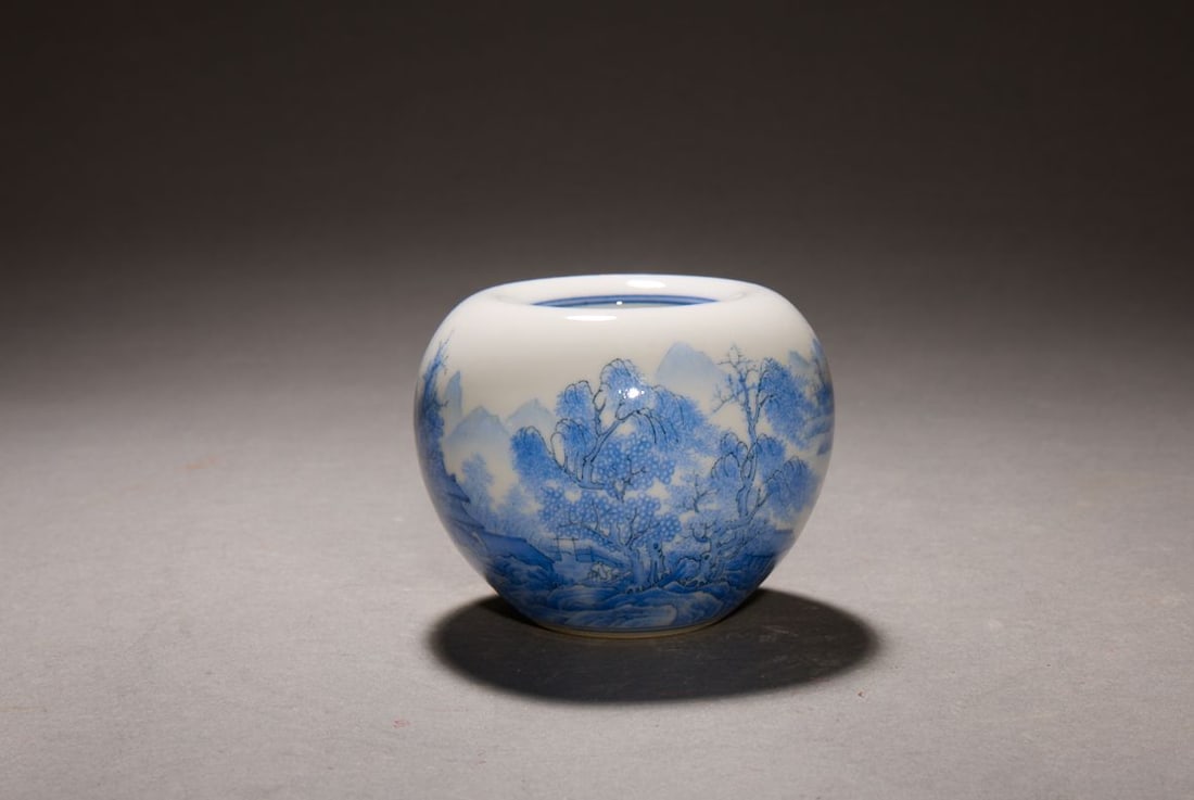 Qing Dynasty Blue and White Landscape Water Container (1 of 6)