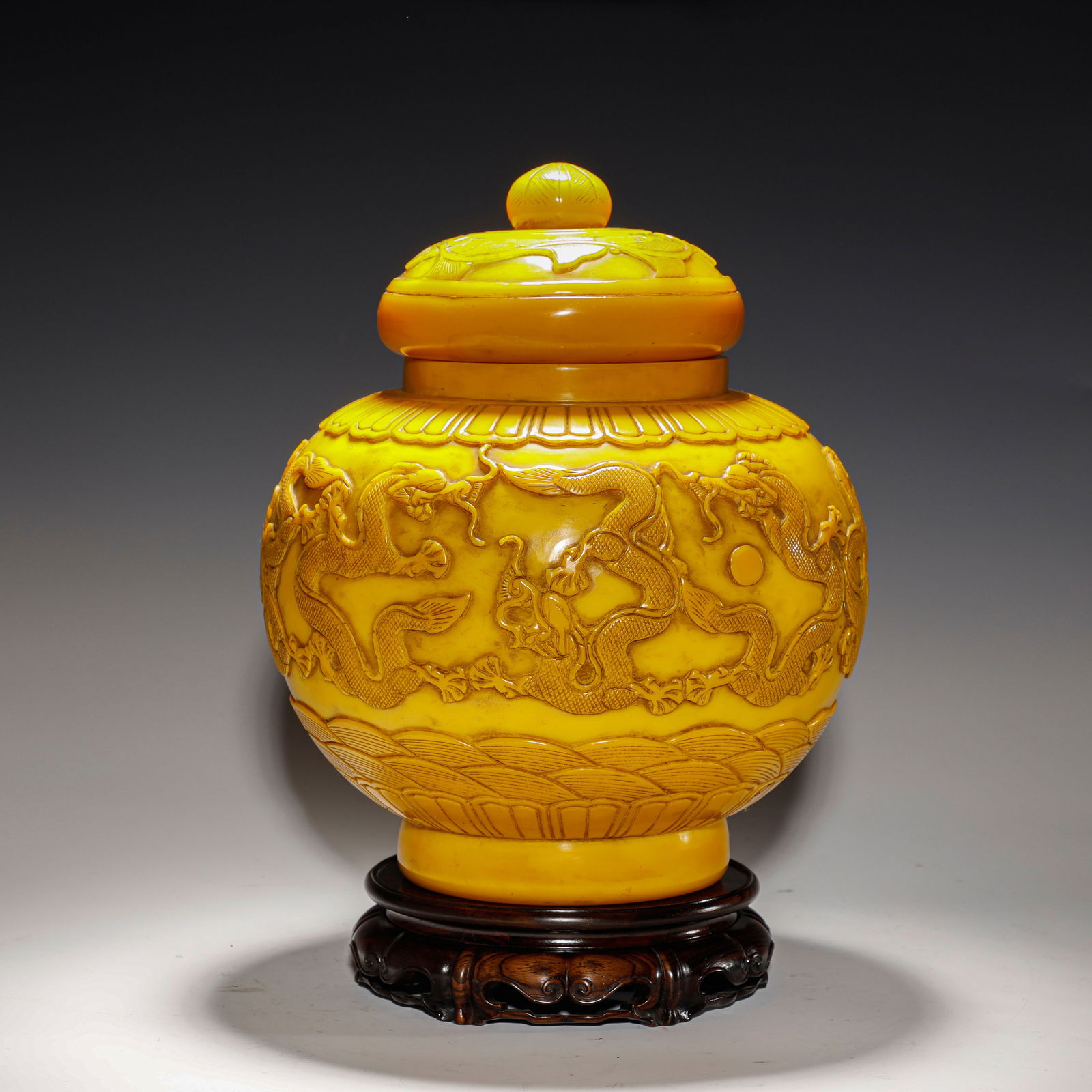 Qing Dynasty A Pair of Chicken Fat Yellow Glazed Jars with Dragon Patterns and Covers: Height:30cm