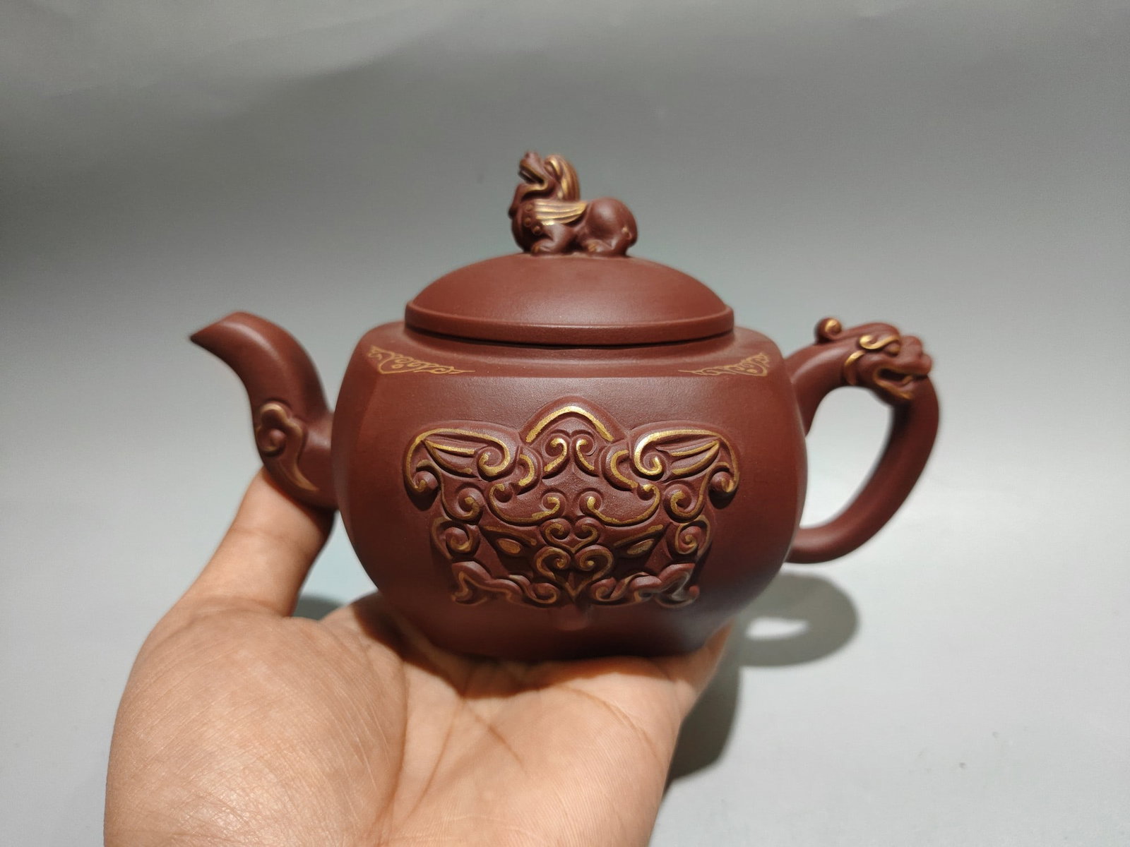 Gilded Square Teapot: Product Name: Gilded Square Teapot; Brand: Li Yujuan; Size: 18 x 11 cm; Capacity: 320cc; Clay: Original Old Purple Clay Provenance:from the collection of George Stopher, Kent, purchased from P&M