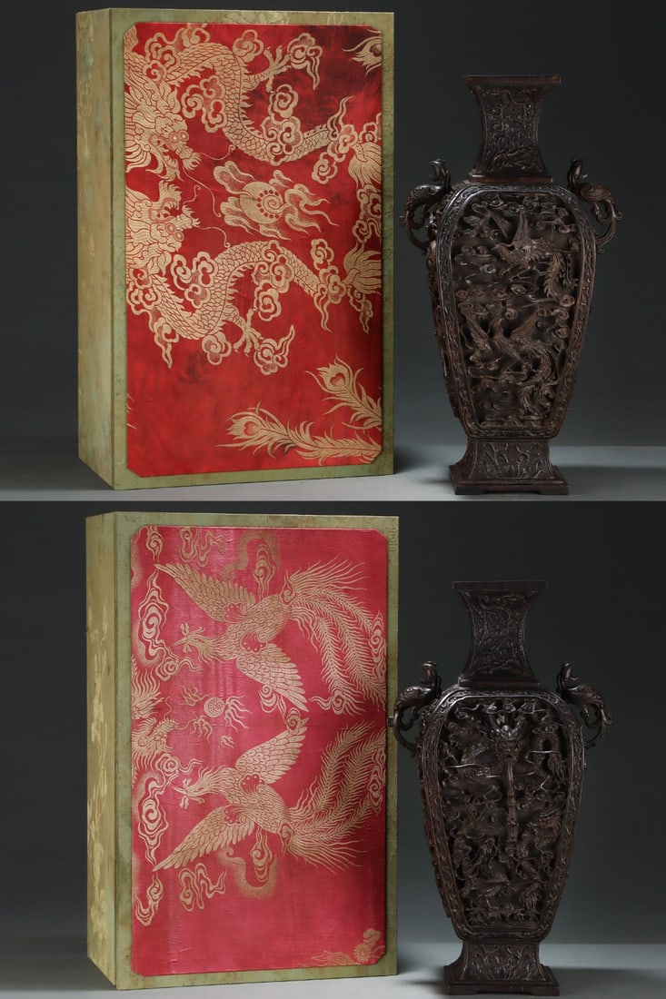 pair of old agarwood square vases with dragon and phoenix reliefs. (1 of 9)