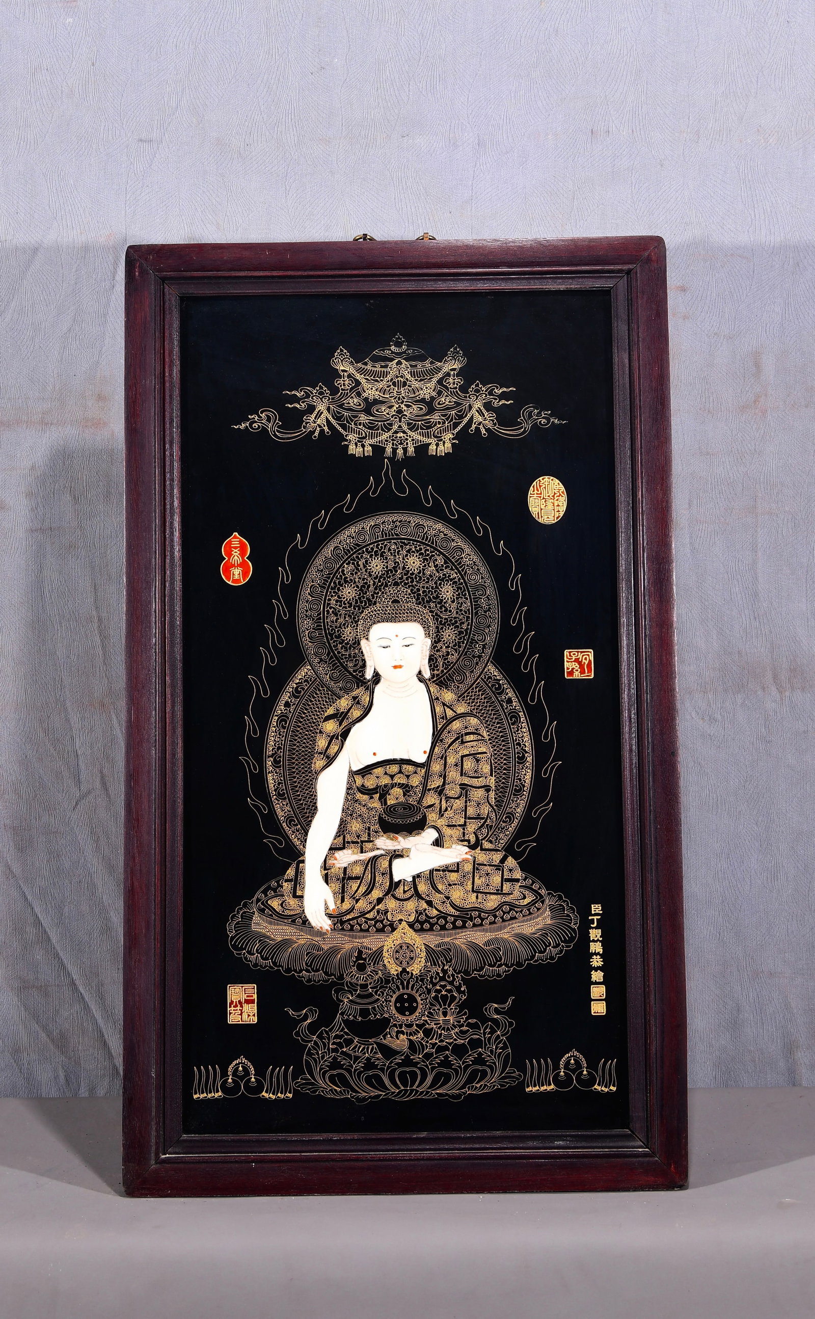 Respectfully painted by Ding Guanpeng! A Thangka Buddha painting inlaid in gold wire on a black (1 of 9)
