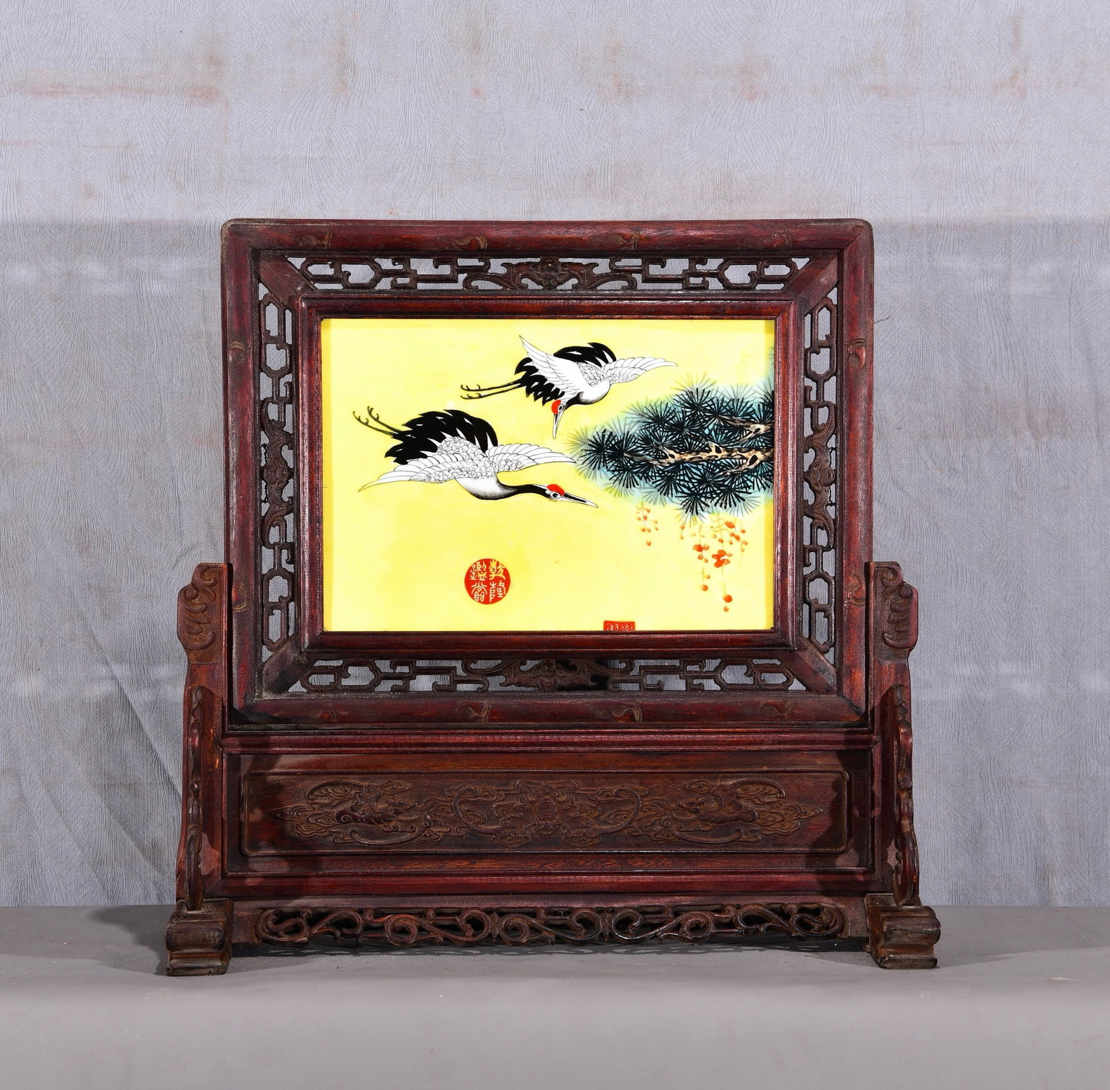 Exquisite rosewood openwork carved frame inlaid with yellow background and pink porcelain painting (1 of 9)