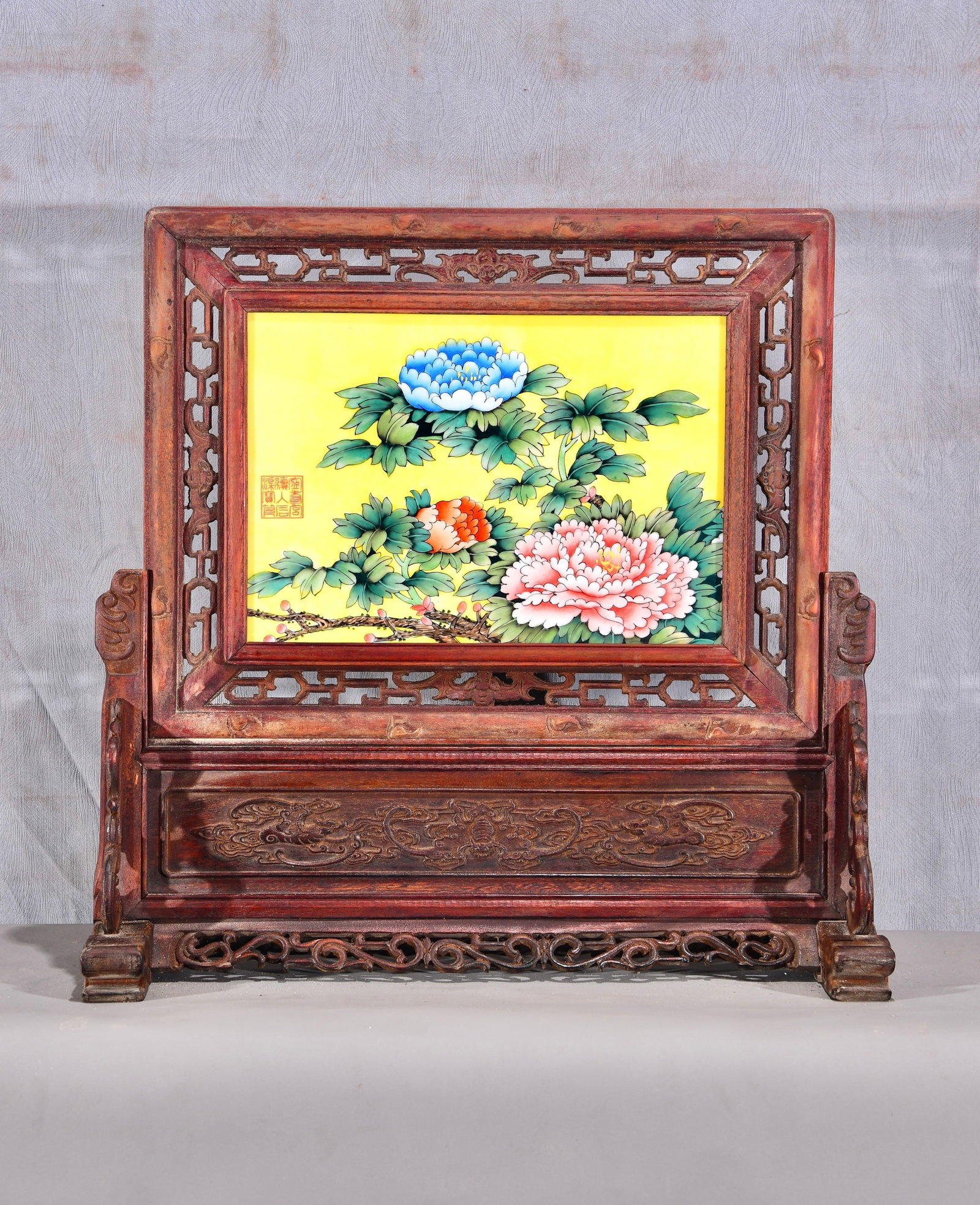 Exquisite rosewood openwork carved frame inlaid with a yellow background and famille rose floral and (1 of 9)