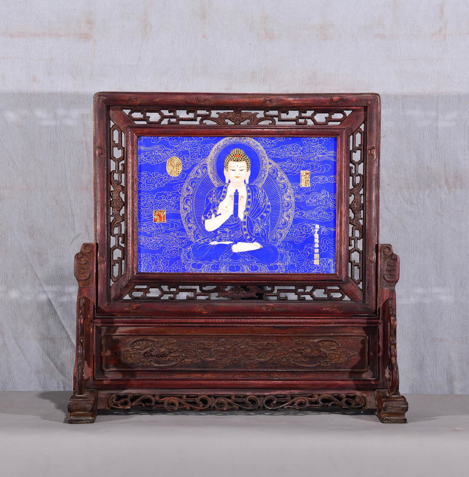 Respectfully painted by Ding Guanpeng! A horizontal wall-mounted screen with a blue background and (1 of 9)