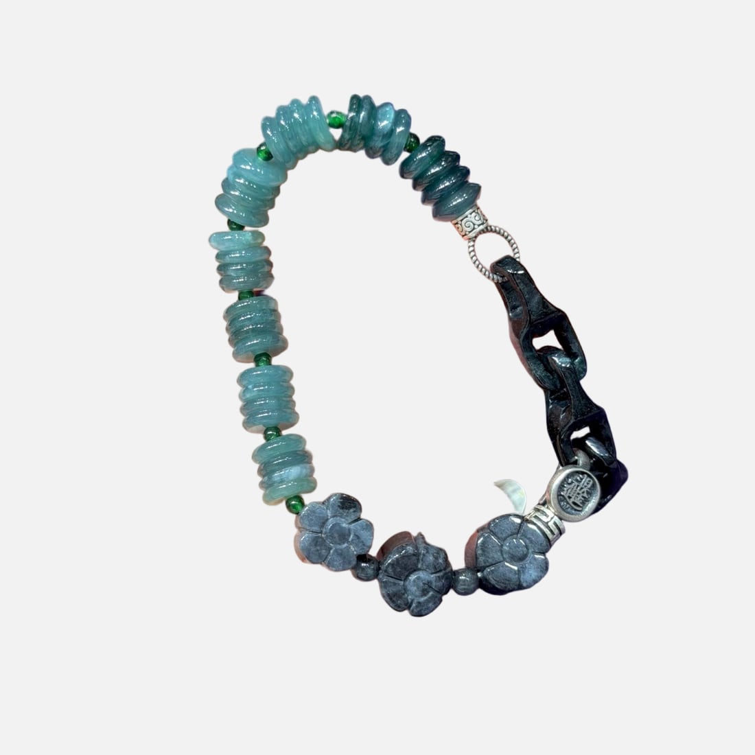 Natural jadeite original bracelet: Natural jadeite original design bracelet, 925 silver Provenance:Private collection from a professor in University of Oxford. We have an in-house shipping department to ensure your post-purchase proces