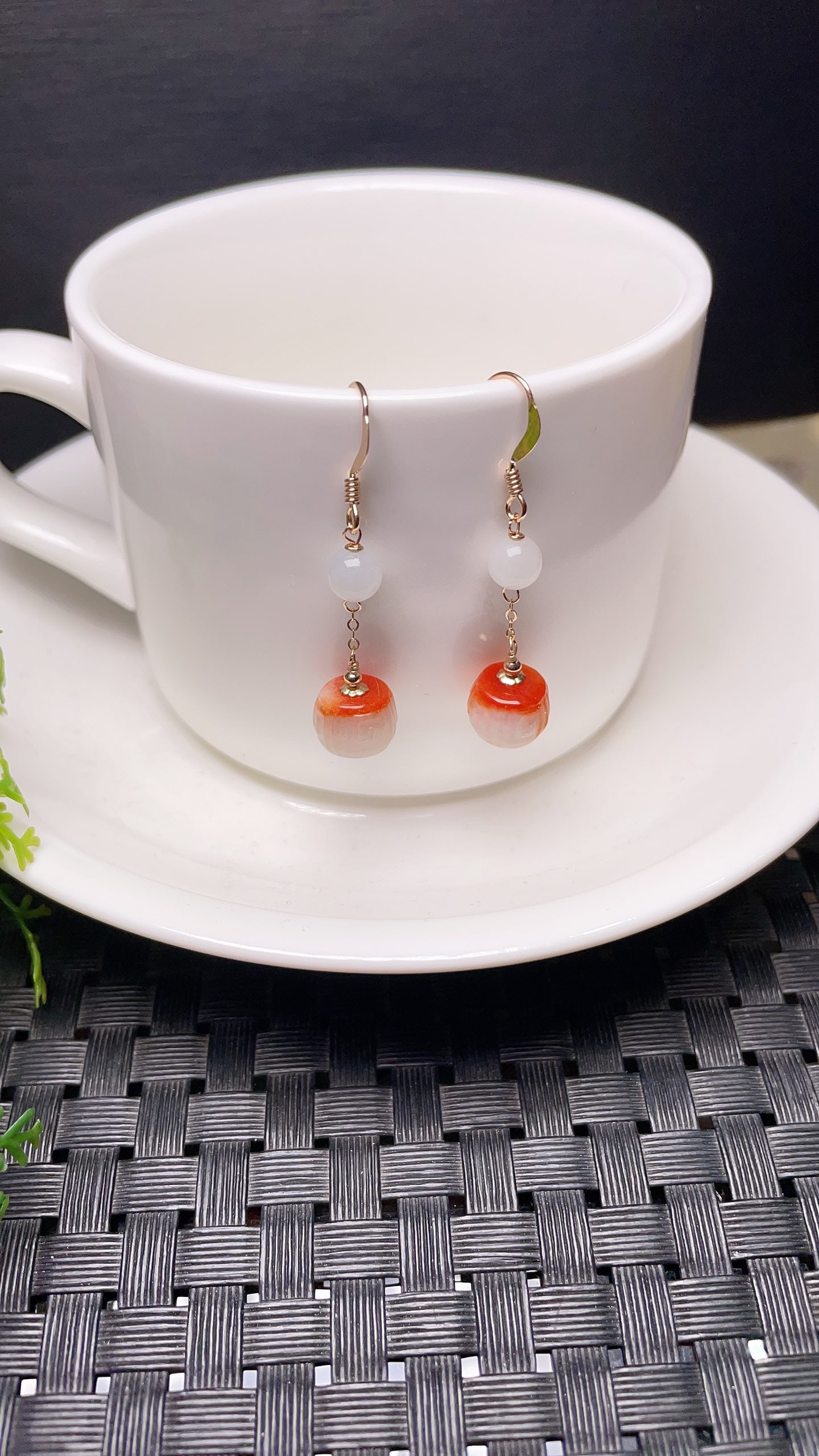 Original handmade custom natural jadeite barrel bead earrings: Original handmade custom-made natural jadeite barrel bead earrings, paired with imported 14K gold-plated ear hooks, with a lustrous color and a fashionable, versatile style. Provenance:Private collect