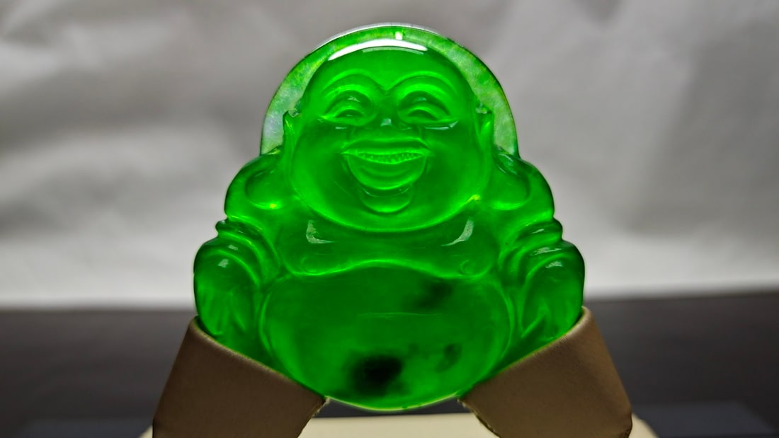 Dragon Stone Type Imperial Green Extra Large and Extra Thick Jadeite Maitreya Buddha (1 of 7)