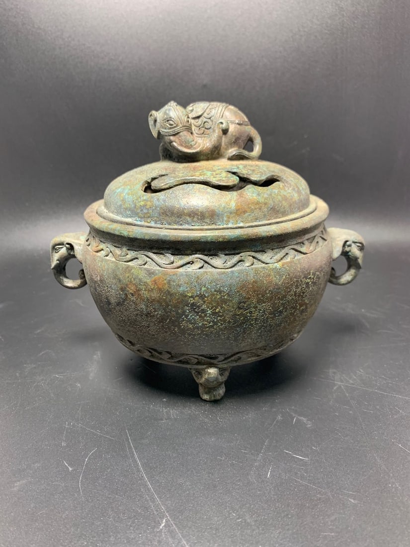 Old bronze incense burner with elephant-ear lid (1 of 6)