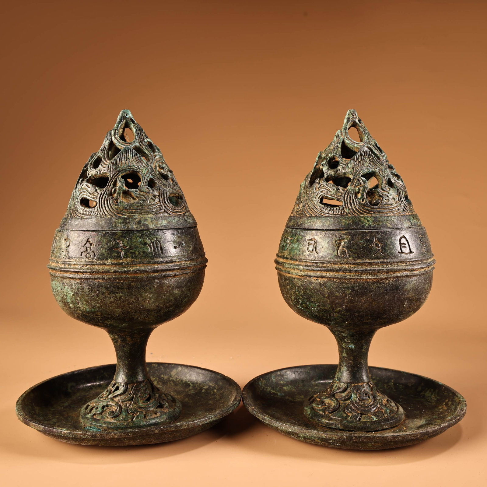 A pair of rare, inscribed bronze Boshan censers from a well-known collection. (1 of 11)