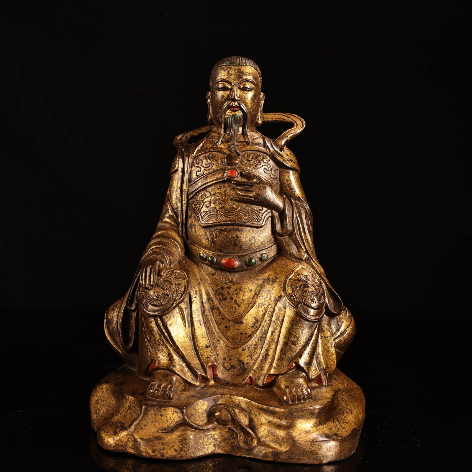 Rare antique collection: A pure copper, high-relief, gilded Zhenwu Emperor Buddha statue. (1 of 9)