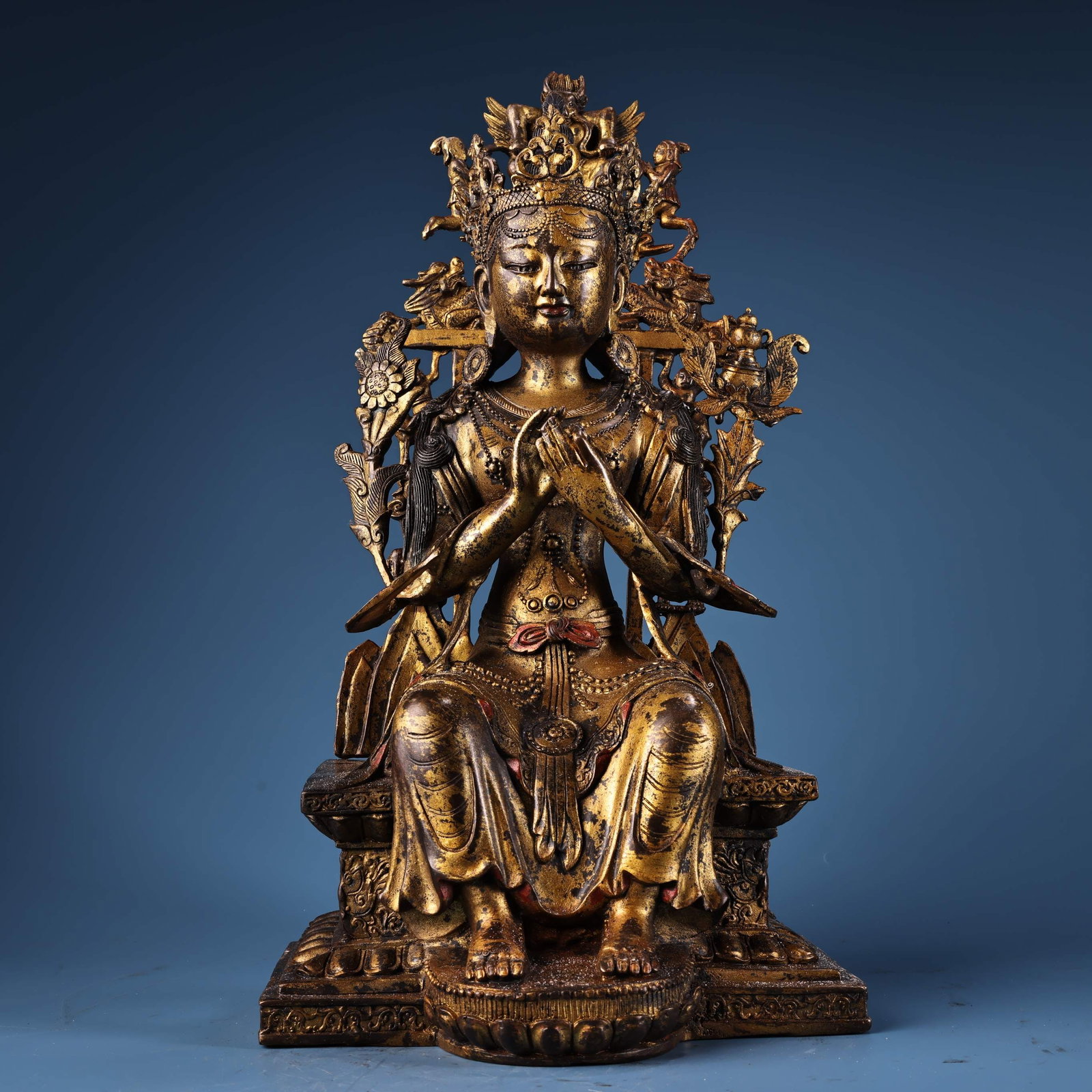 A rare, high-relief, gilded bronze statue of Maitreya Buddha, the future Buddha of Tibetan Buddhism,: Original image sold. Rare item from a Tibetan collection. Pure copper, high-relief, gilded Tibetan Buddhist Maitreya Buddha statue. Exquisite craftsmanship and beautiful design. Weighs 5100 grams, 41 