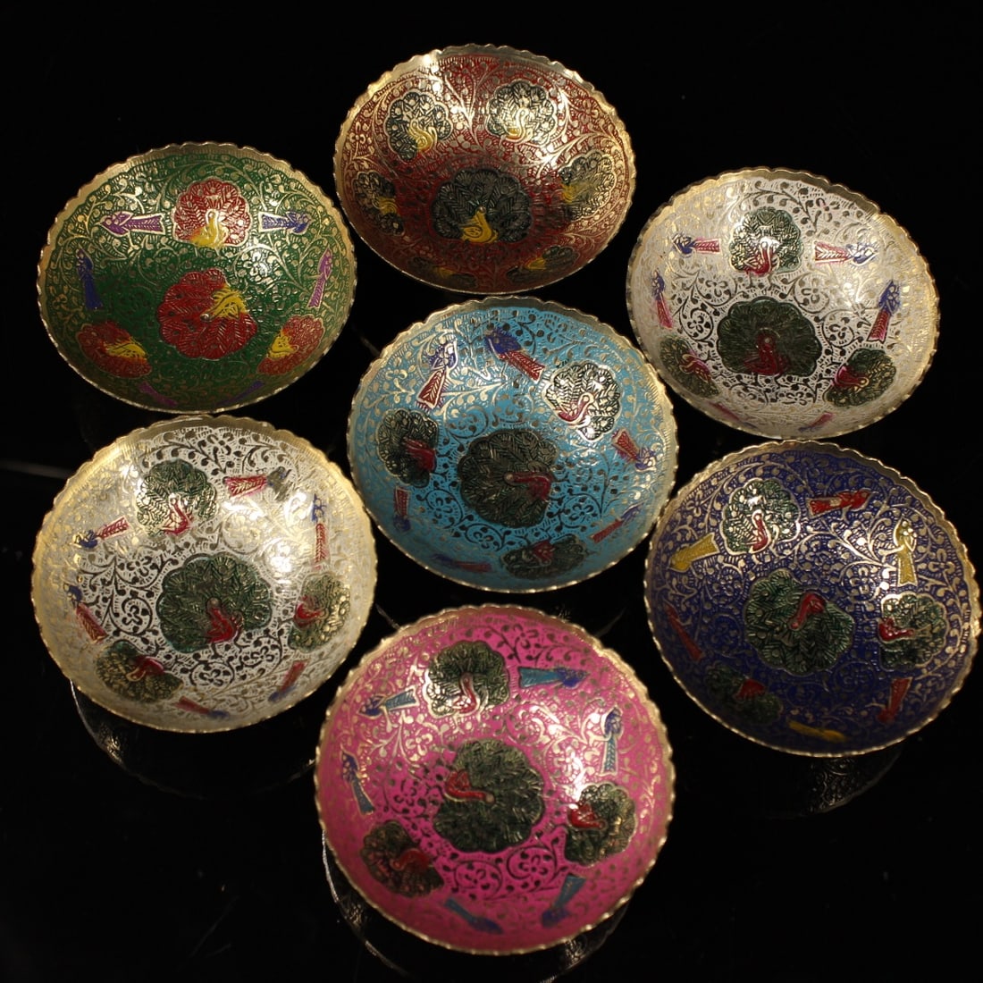 Nepalese Tibetan craftsmanship, purely handmade, engraved, painted, seven-colored offering cups and (1 of 9)
