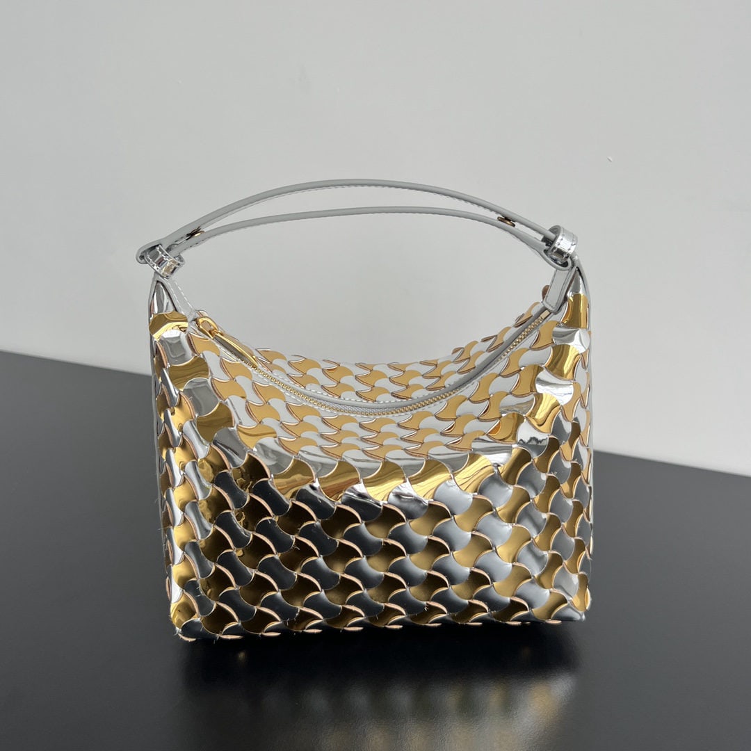 Bottega Veneta: The Bottega Veneta Wallace shoulder lunch bag features a shimmering, scale like design and a premium feel. It's a convenient, grab and go lunchbox bag crafted using the classic intrecciato weaving