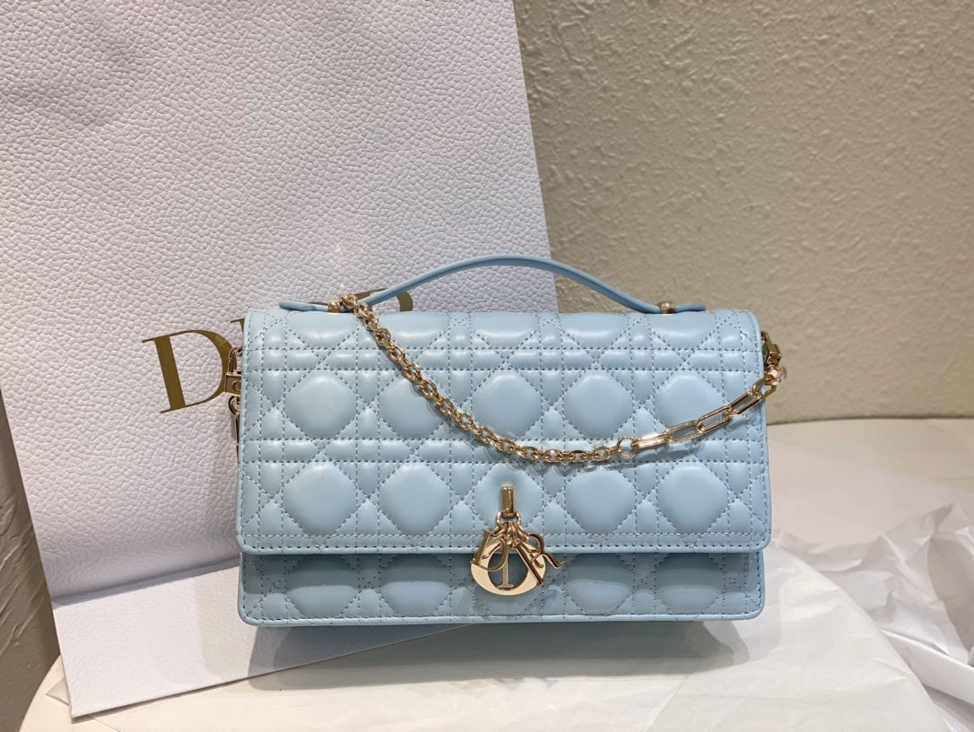 Christian Dior MISS DIOR: MISS DIOR Handbag (Light Blue Lambskin Leather with Cannage) The Miss Dior handbag is from the 2024 Early Spring collection, elegant and practical. Crafted from lambskin leather with cannage stitching