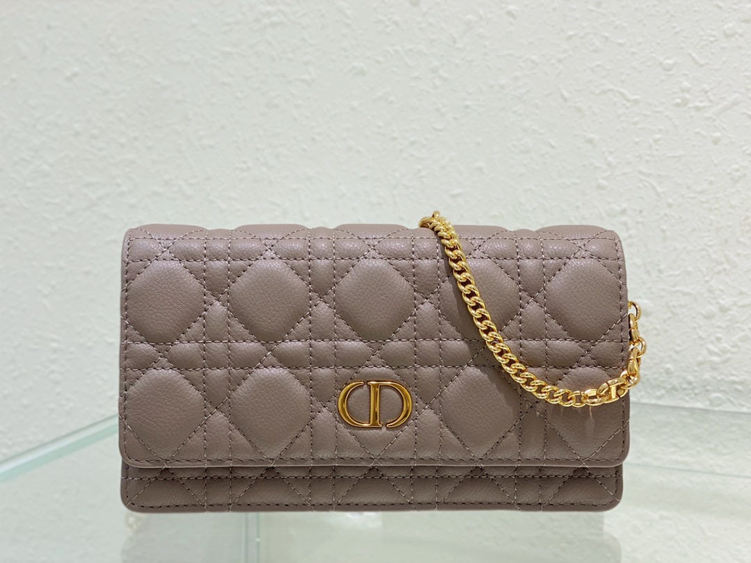 Christian Dior Caro: The Dior Caro chain handbag is both practical and elegant. Crafted from warm brown supple calfskin leather with cannage stitching, it features a vintage gold plated CD logo flap and a single